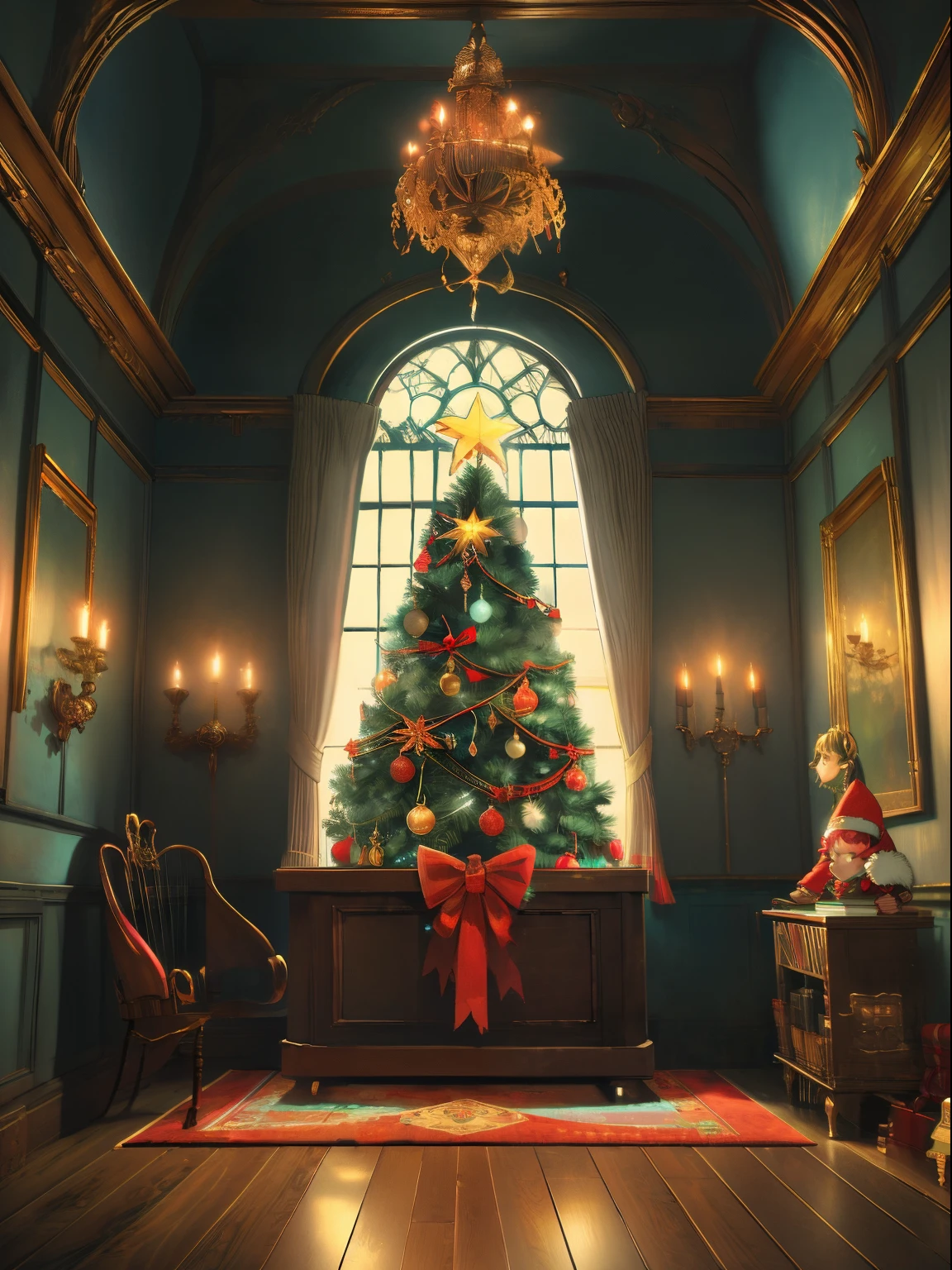 (Best Quality),(masutepiece),(ultra-detailliert),(detaileds),(Extremely detailed),There is a large window in the middle of the room.、There is a large Christmas tree in the center, dark and moody, broody, Scary, neons, barroco, romantic, intricate detailes, Ray tracing, Cinematic, Portrait, Raphael Stone, Craig Mullins and Katsuhiro Otomo, Mega upload style, Mega upload style, style of studio ghibli, Akira's style, Miyazaki style, Animated by Madhouse INC, Studio Ghibli, Howl's Moving Castle Style, Style of Peter Mohrbacher