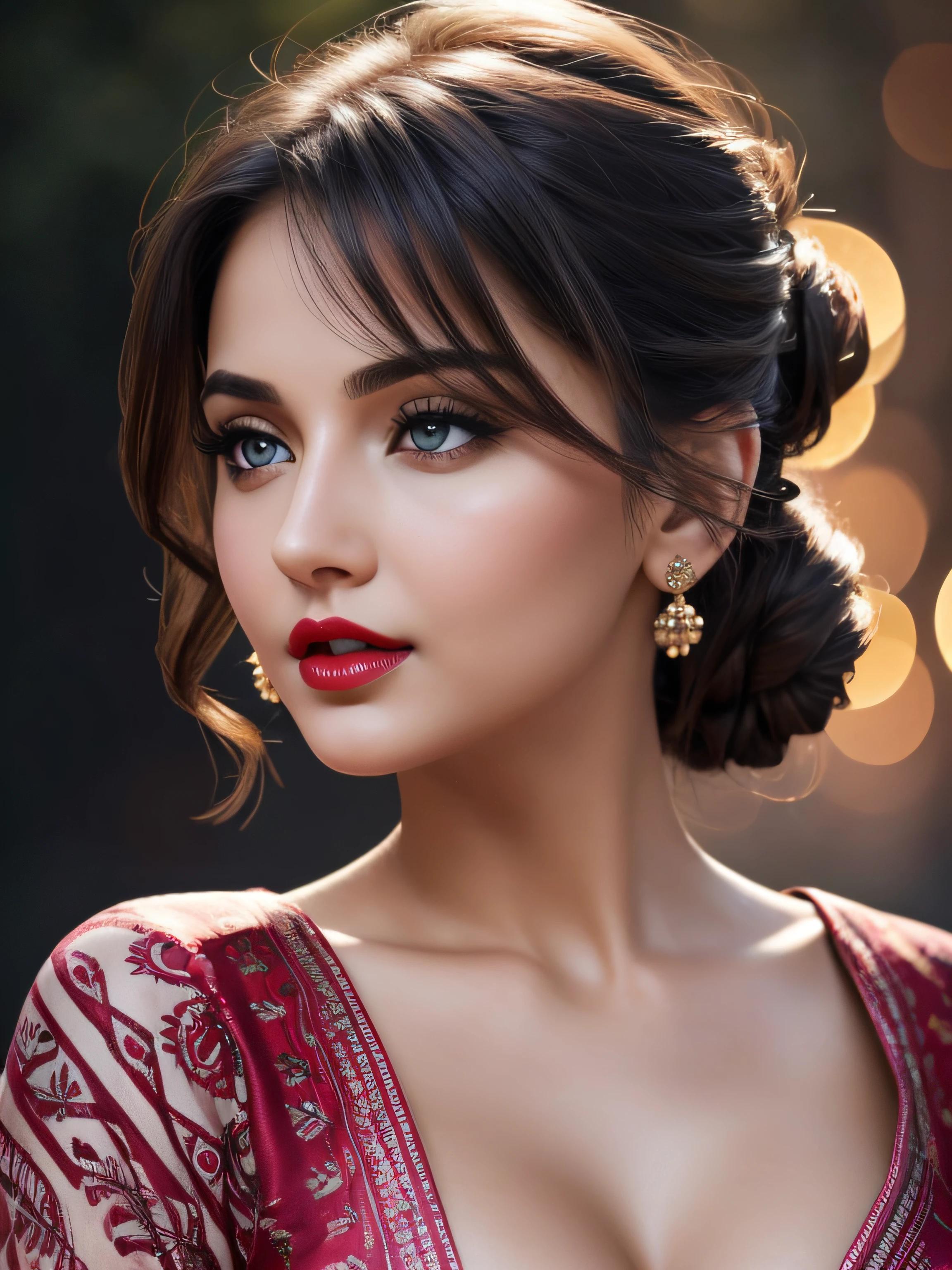full body naked, big boobs, night bokeh effect background, perfect pink eyes, fantastic face, Indian, beautiful look, ((red lips, bright eyes, curve heir 1.5)), ((beautiful details body)), A glorious gorgeous, glorious gorgeous face, pretty face, bright eyes, detailed elegant printed shirt, updo elegant hair, blurred gray tones background, ultra focus, face ilumined, face detailed, 8k resolution, painted, dry brush, brush strokes,