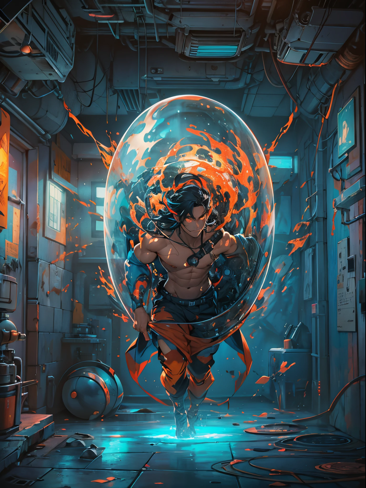 A futuristic embryonic capsule with (demons and angels inside),oils,realista,HDR,Altas Resoluciones,Ultra detallado,profesional,Studio lighting,physically based representation,vivid colors,Retratos,foco nítido,paleta colorida,soft warm lighting.nsfw. swimming trunks,ropa ajustada,poca ropa,sexy,pose sujerente