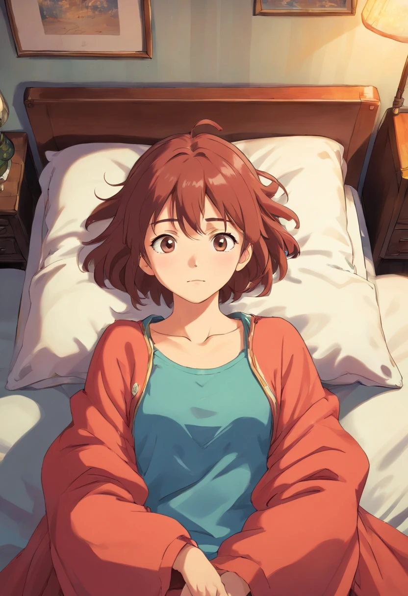 Ochako Uraraka lying face down on the bed with a shy face naked looking at the camera