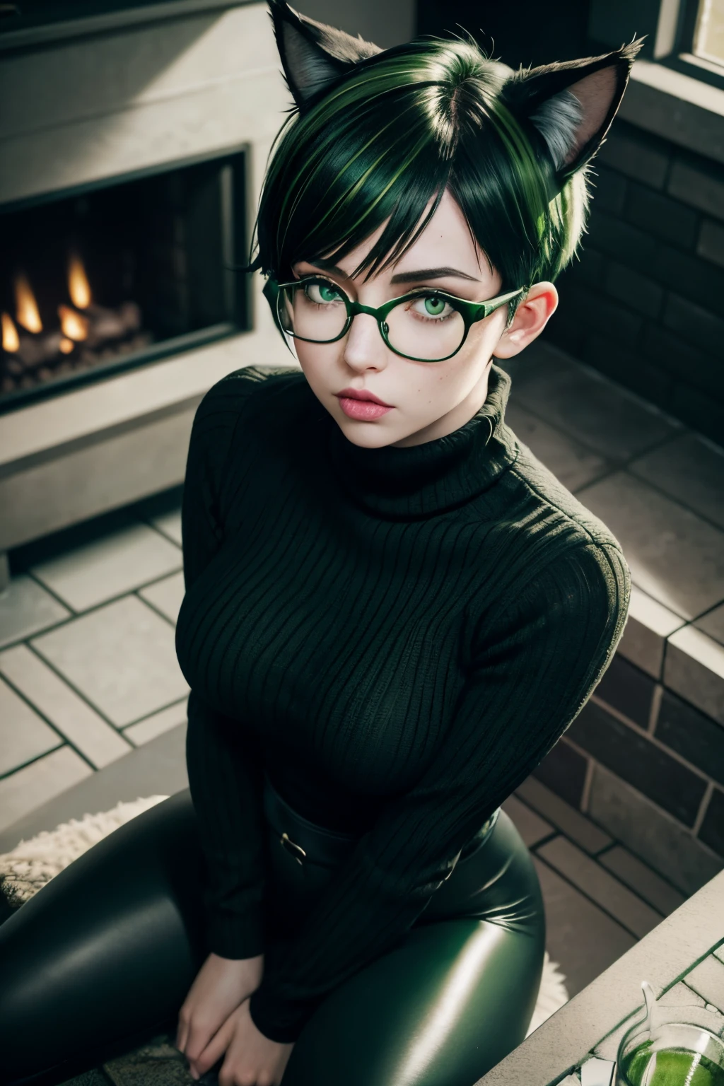 1 goth miqo'te woman, cat ears with green tips, (black and green short wolf cut hair with green highlights), freckles, pale skin, black cat tail, (glasses), green eyes, green lipstick, thick thighs, very shallow DOF, (film grain), (masterpiece), (detailed face:1.2), night photography, dim lighting, realistic, (eyes detail), beautiful, clear image, (best quality:1), extremely detailed face, pov, looking up at viewer, view from above, foreshortening, nighttime, sitting by fireplace, blizzard outside window, wearing a black Aran turtleneck sweater, black leggings, hard nipples under clothing, tongue out, drool, spit dripping, crossed eyes, legs spread, open legs