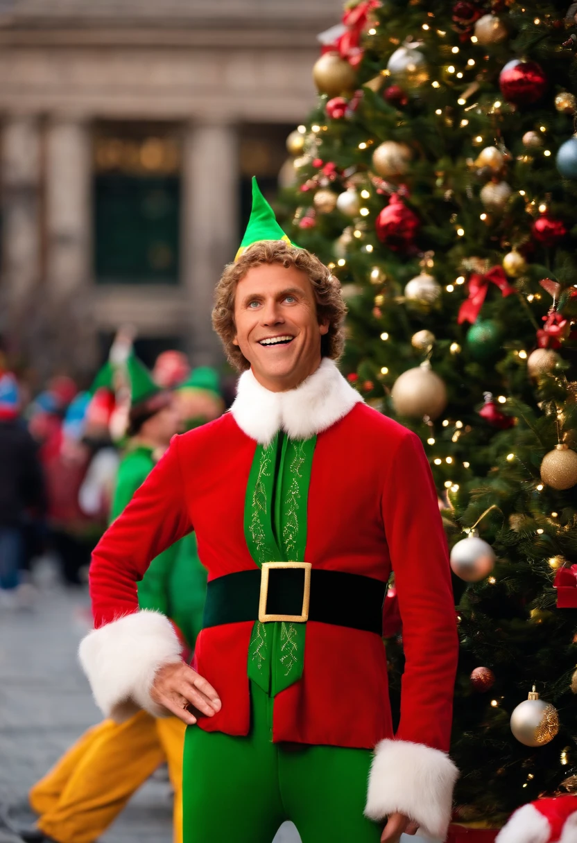 An image of Buddy the Elf in a colorful Christmas-themed onesie, decorating a giant Christmas tree in the middle of a bustling city square,Elf (2003),Buddy the Elf, the main character from the movie “Elf,” played by Will Ferrell, is an overly enthusiastic, childlike, and endearingly naive character. Raised by elves at the North Pole, he is tall and lanky, standing out comically among his elf peers. His appearance is characterized by his elf costume, which includes a green jacket, yellow tights, and a pointy elf hat, emphasizing his misplaced identity in the human world.