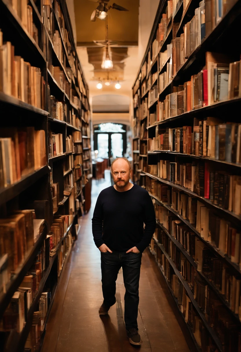 A photo of me exploring a hidden gem of a bookstore, surrounded by towering shelves of books and lost in the world of literature.,stand-up comedy and television,Louis CK, a prominent figure in stand-up comedy and television, is known for his everyman appearance, often sporting a casual, unassuming look with plain black or navy t-shirts paired with jeans. He has a balding head, a fair complexion, and typically presents a somewhat disheveled, unpolished appearance, embodying the persona of an average middle-aged man.