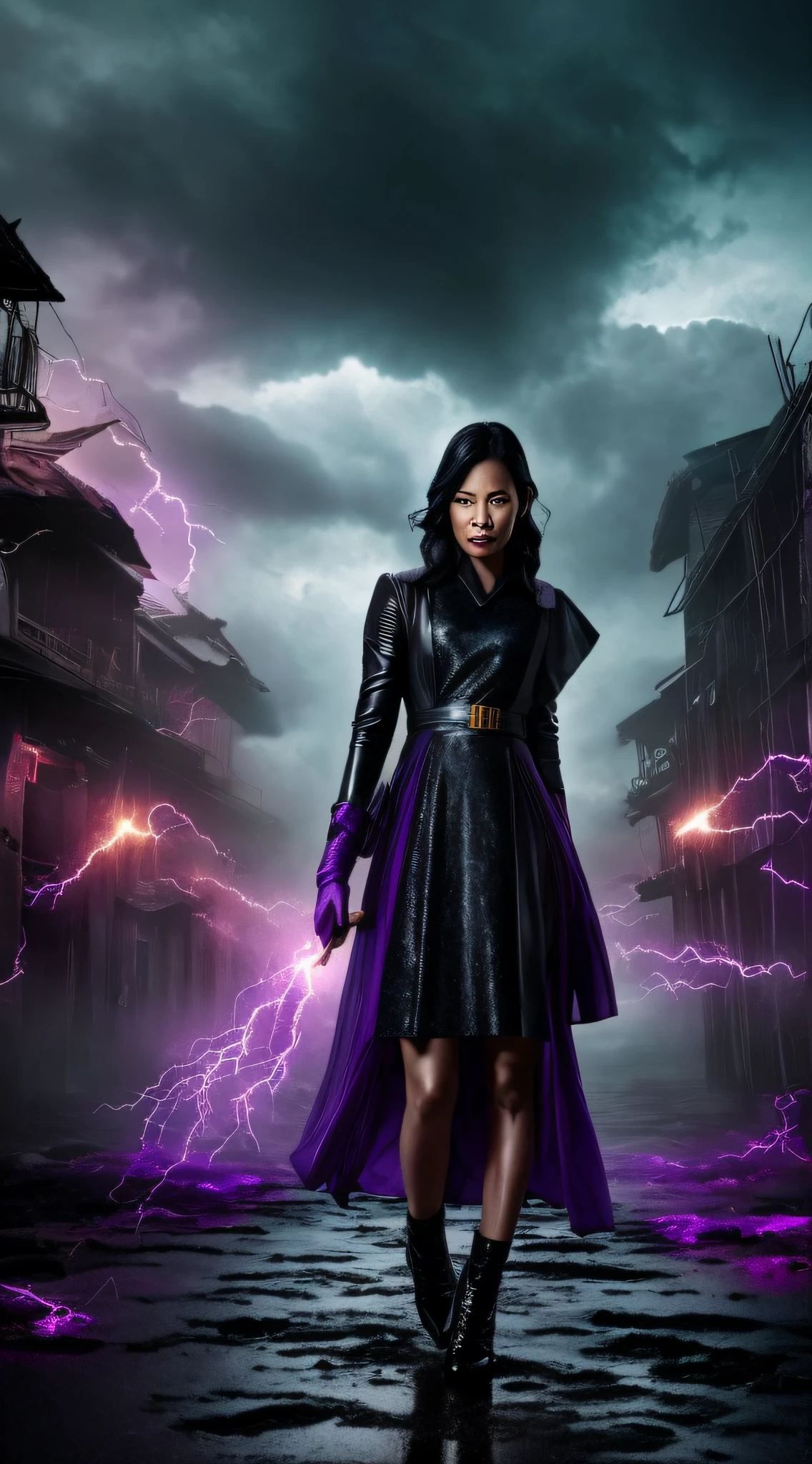 A girl within a stormy feudal Asian compound - (best quality, highres), visible from head to toe, Lucy Liu, detailed eyes and face, long eyelashes, beautiful detailed lips, angry expression, black hair flowing in the wind, wearing a translucent violet and black sexy dress, standing near damaged interior walls, legs slightly covered in purple electricity. Black and purple electricity arcs from her hands to the ground. Additional details: Dark clouds gathering in the sky, lightning striking in the distance, crows soaring above, wet footprints leading away from Lucy, dark energies and runes trail behind Lucy. landscape Color palette: Moody and dramatic with deep blues, grays, and hints of gold Lighting: Soft backlighting illuminating Lucy's silhouette, casting shadows on the sand, rays of sunlight peeking through gaps in the storm clouds. zombies shuffle along obediently behind her., Realism
