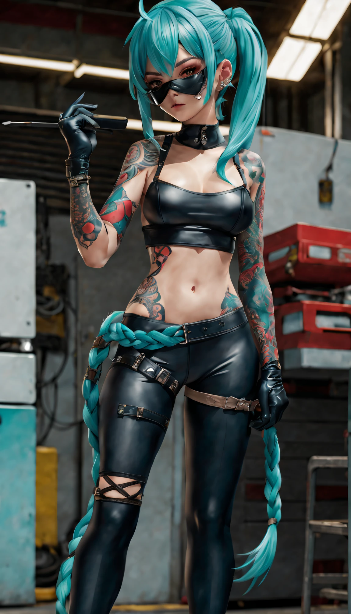 style of anime, sci-fy ,Japanese Assassin Lord , latex , tobey pants, mouth mask, leg tattoos, Tattooed with,Aqua hair, Braided headband, little breast, slimfigure, full bodyesbian, daggers,  In the garage, (Very detailed hands, Hand model:1.4)