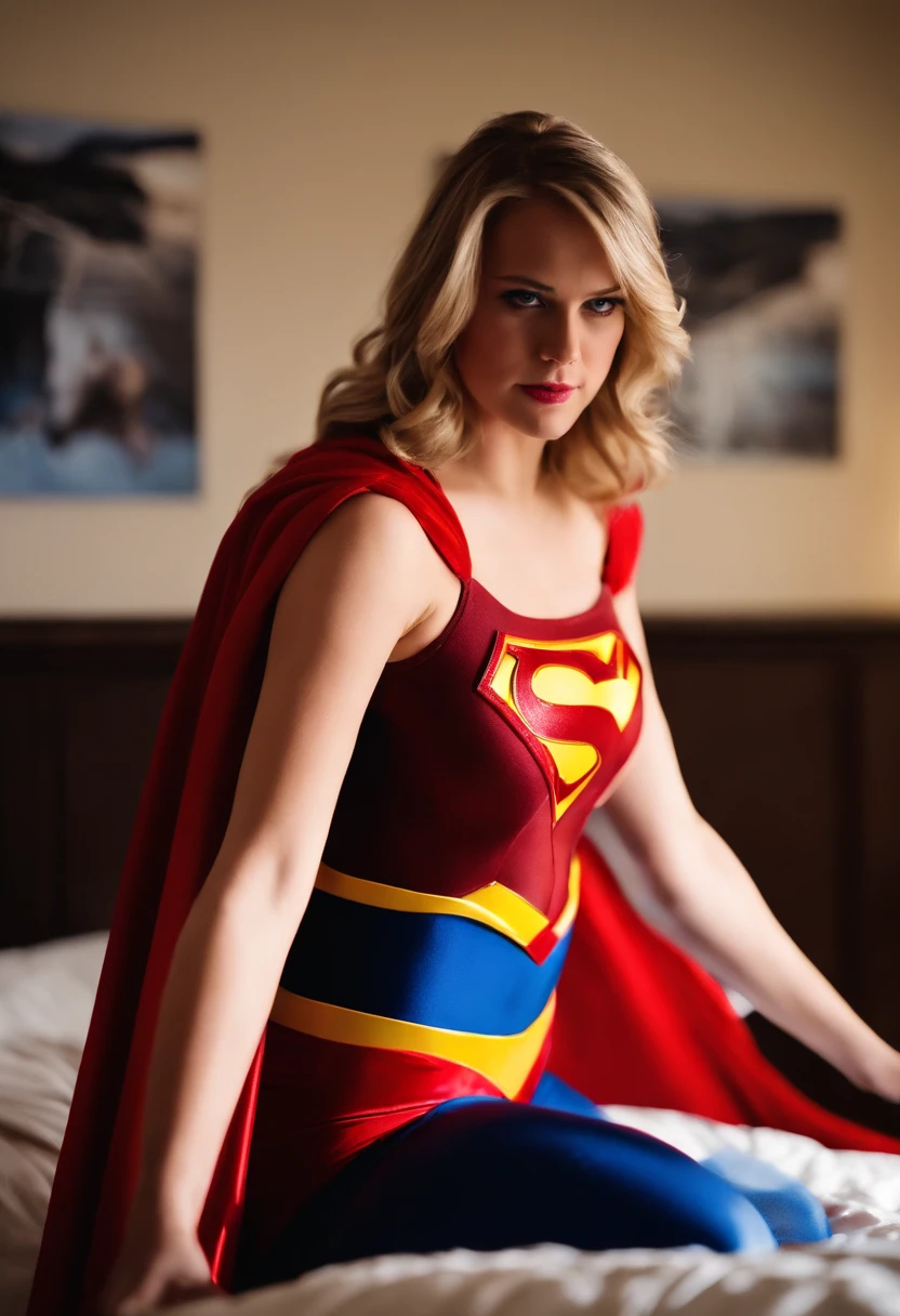 Anna semenovich long straight blonde hair with curves wearing a supergirl costume