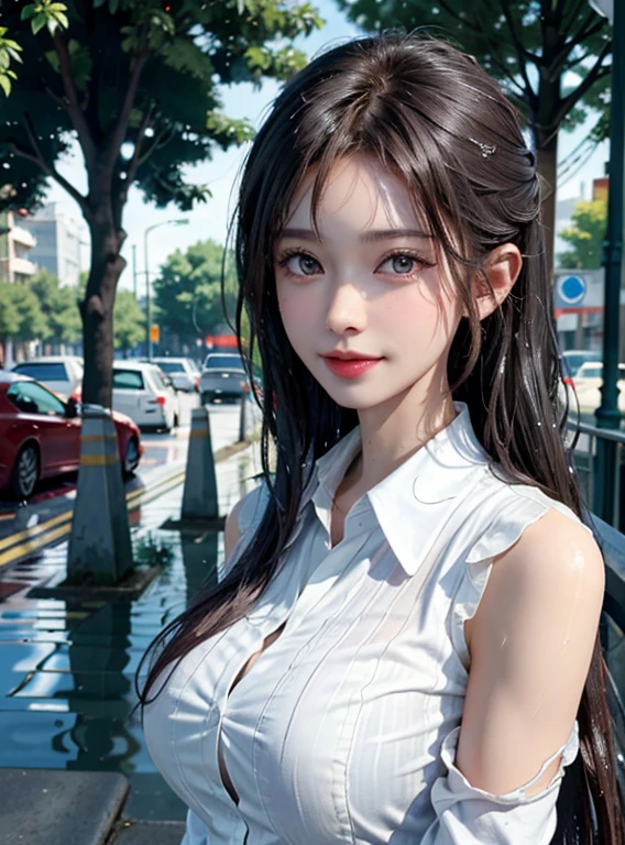 ((Best Quality, 8K, Masterpiece: 1.3)), Sharp Focus: 1.2, A Beautiful Woman with Perfect Figure: 1.4, Slim Abs: 1.2, (Layered Hairstyle,: 1.2)), (Wet White Button Long Shirt: 1.3), Rain: 1.3, Street: 1.2, Wet Body: 1.1, Highly Detailed Face and Skin Texture, Detailed Eyes, Double Eyelids, Big Breasts, Smile,