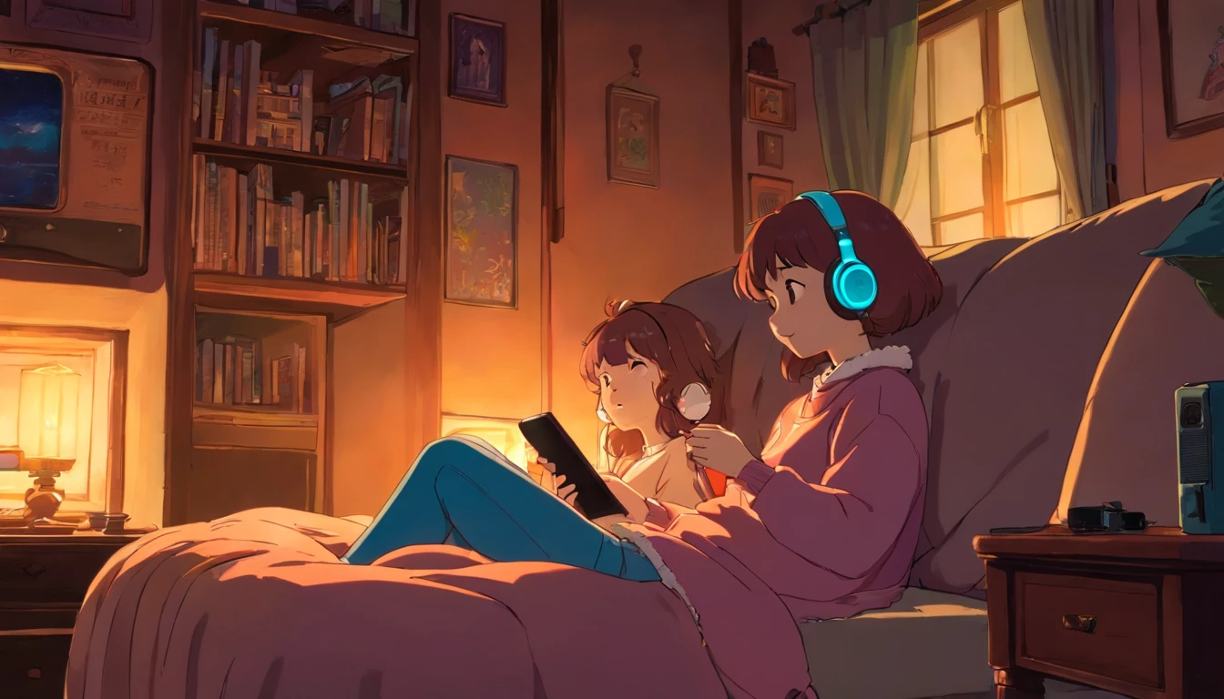 imagem perfeita, 8k, Girl listening to music in a cozy room at night, Usando fones de ouvido, Anime estilo 2D, Lo-fi, disco Rigido, Ambiente escuro, Cuddled with her boyfriend,