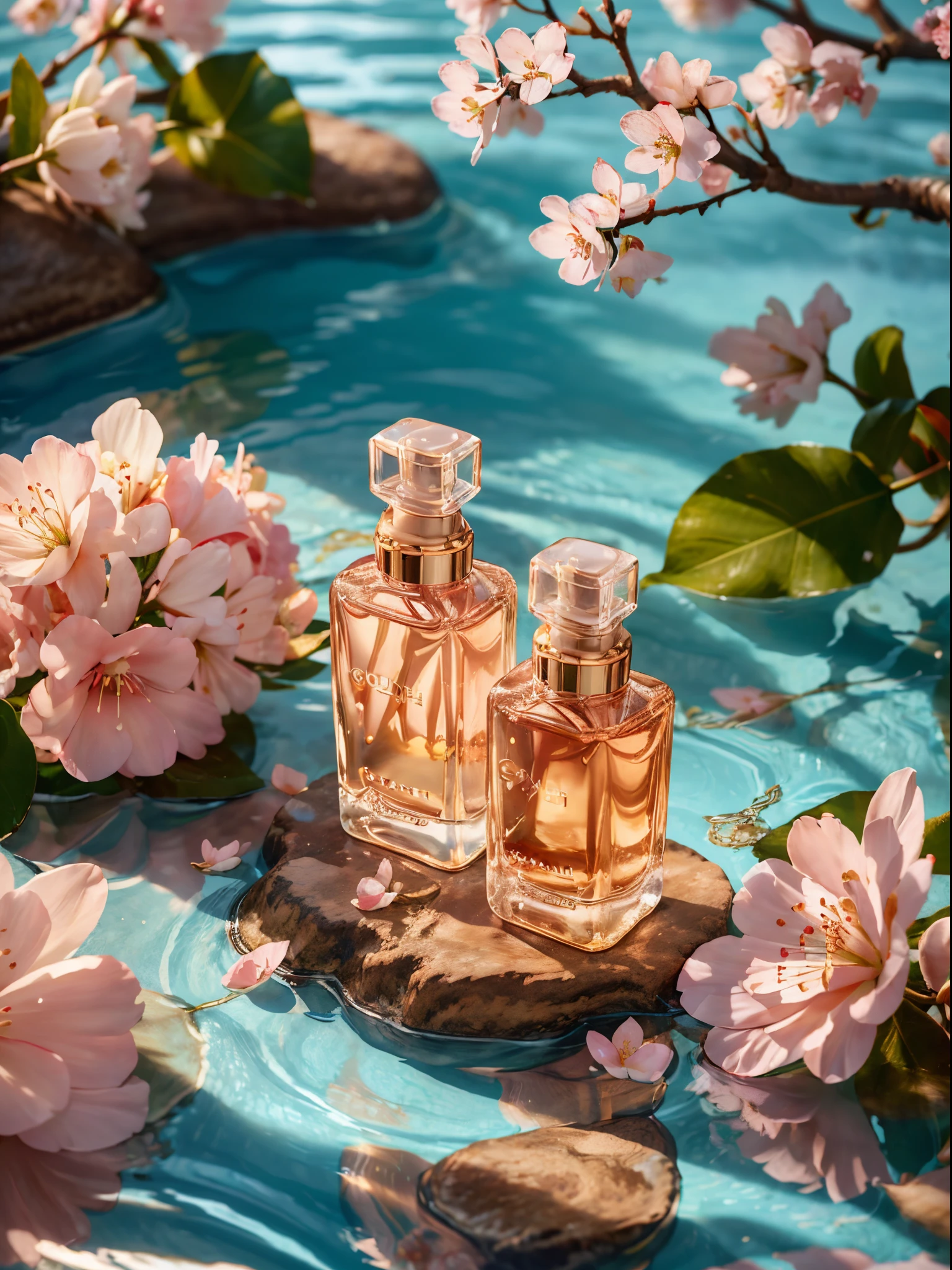 (super realistic scene), makeup bottle, cherry blossom background, water, sunlight, low perspective, blender, product rendering, HD 8K, ultra-detailed, luxury commercial photography, gucci and chanel cosmetic, ((no people, product only: 1.3))