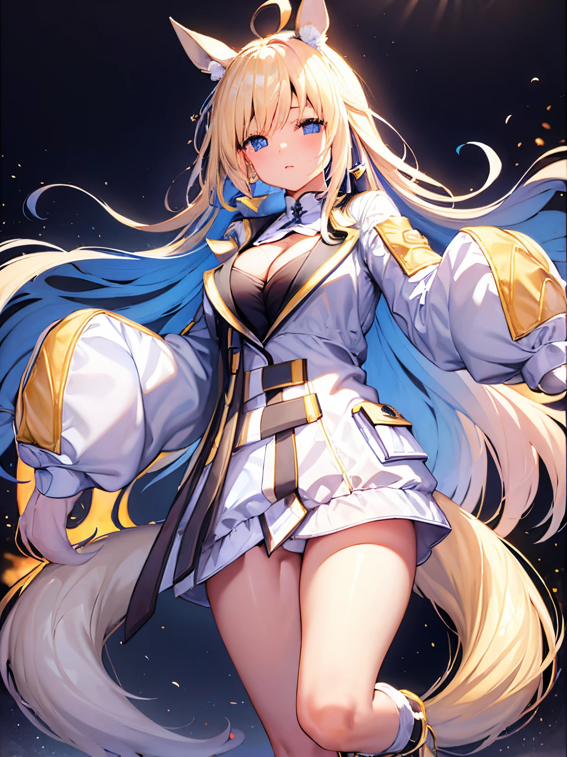 ((tmasterpiece))、top-quality、New universe(Fresh beans)、(1 girl in、独奏)、(Horse Ear、Horse girl)、A beautiful Blue eyes、Clear face、Long blonde hair、Single ear white cover、Fluffy long sleeves、The sleeves are longer than fingers、The sleeve exceeds the wrist、oversize clothes、Clothing clippings、Open jacket、Open your clothes、White jacket、Yellow jacket、Two-tone jacket、Wear white leggings、a closed mouth,（（Huge cleavage））,(((gigantic cleavage breasts)))