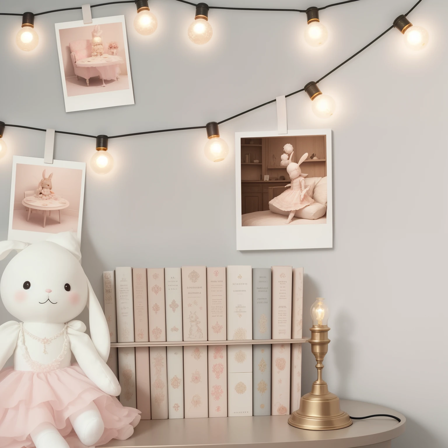 (best quality), Candler Lamps in Walls , Polaroid Photos in walls , Aesthetic Bedroom, Instagram Feed ,Bunny Doll , Details Bunny doll on table , Details Book On table , Ballerina Music Box On Table , nightstand , Extreme Details, UHD , 8K