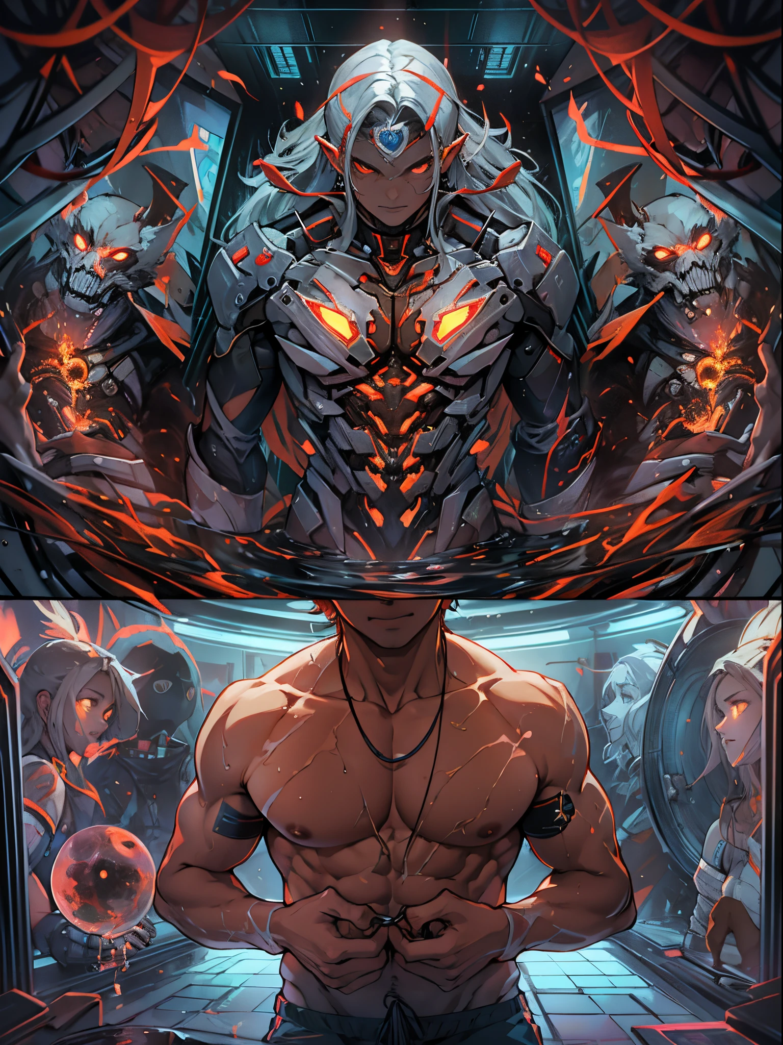 A futuristic embryonic capsule with (demons and angels inside),oils,realista,HDR,Altas Resoluciones,Ultra detallado,profesional,Studio lighting,physically based representation,vivid colors,Retratos,foco nítido,paleta colorida,soft warm lighting.nsfw. swimming trunks,ropa ajustada,poca ropa,sexy,pose sujerente
