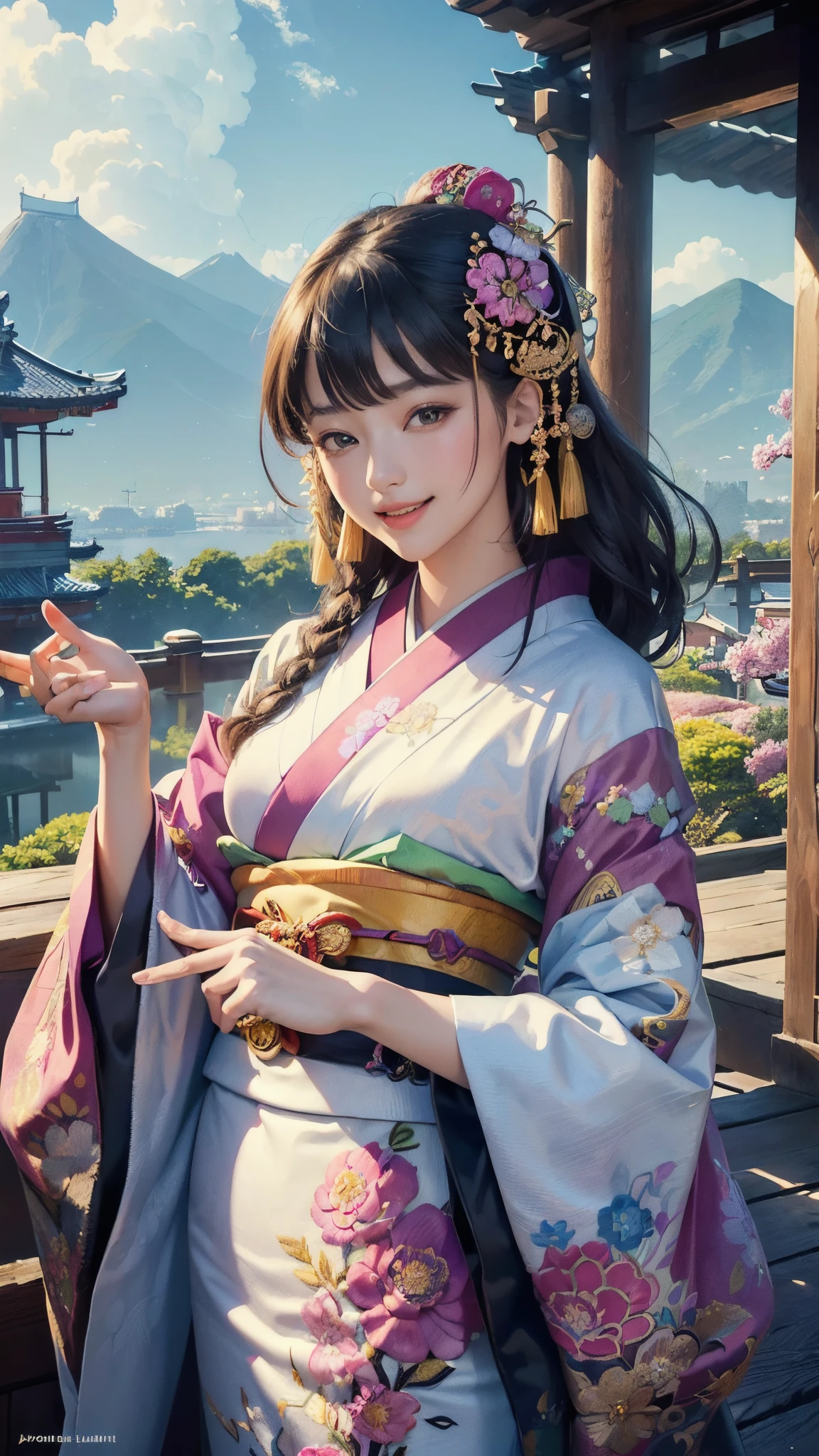 (masterpiece, top quality, best quality, official art, beautiful and aesthetic:1.2), (1girl(Shy laughter)),elaborate costume(Luxurious Japan kimono(Colorful kimono(detailed embroidery))), extreme detailed,(Fractal art),colorful,highest detailed,Mandala in the background