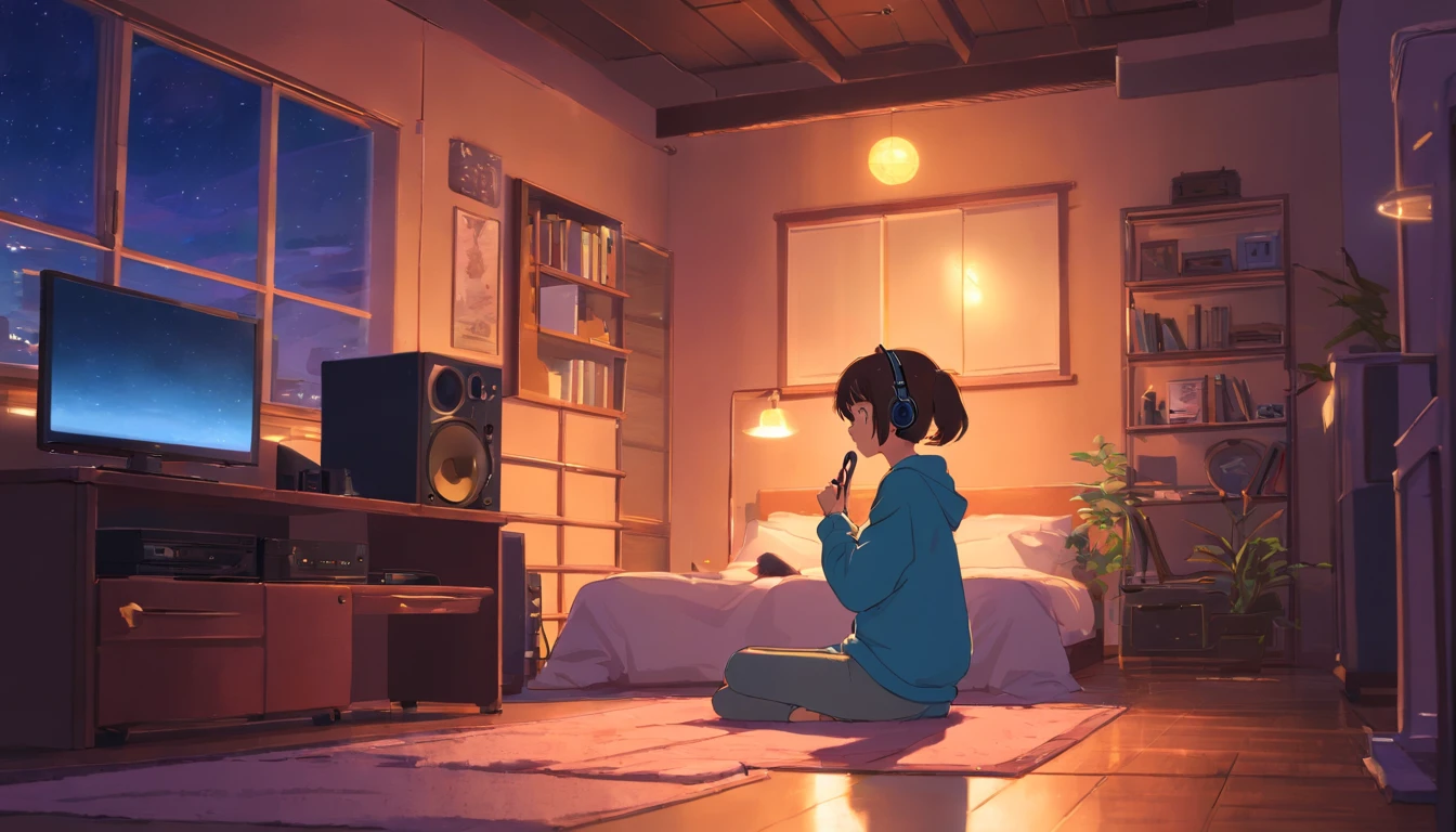 imagem perfeita, 8k, Girl listening to music in a cozy room at night, Usando fones de ouvido, Anime estilo 2D, Lo-fi, disco Rigido, Ambiente escuro, Cuddled with her boyfriend,