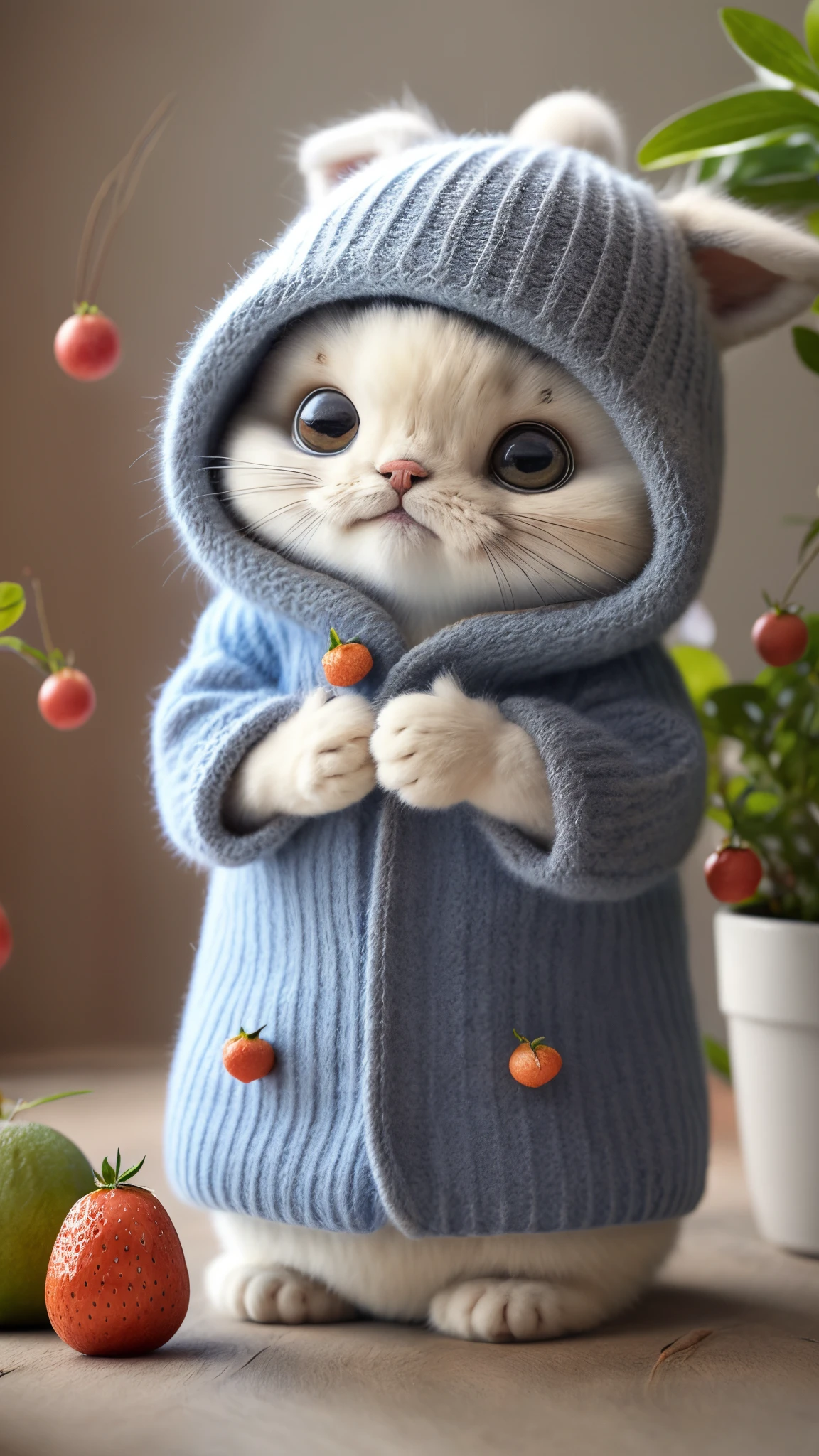 (tmasterpiece, Award-winning, Best quality at best, A high resolution) 3d illustrations, 1 cute fluffy cat, Wear a set of clothes, Lying on a bed of juicy ripe fruits, surrounded by a colorful fruit garden.