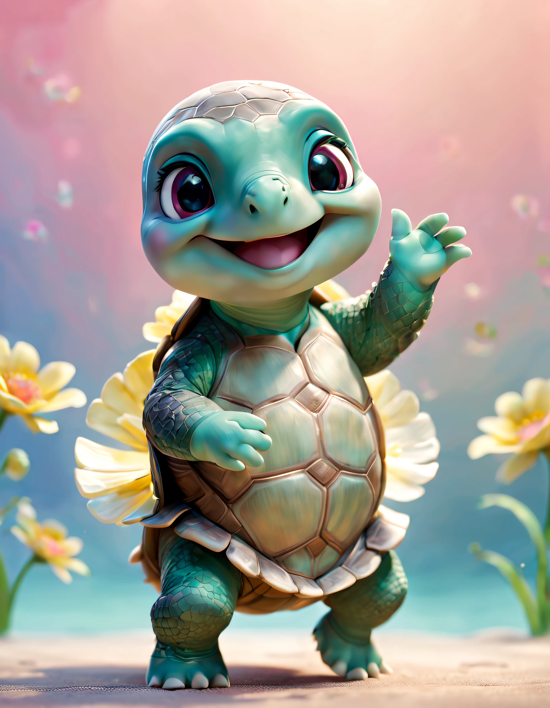 pixar-style, Super cute anthropomorphic turtle smiling , dances , optics , flower sea, Pastel background , big bright eyes, , Wearing elegant Chinese white Hanfu, Happy smile, Delicate and delicate, Fairytale, hyper-high detail, pixar-style, vibrant with colors, Natural soft light, 5、Real-time rendering, Popular on ArtStation, A gorgeous one, ultra-wide-angle, 8K, HD realistic, 8K HD realistic hands-free v 4 2