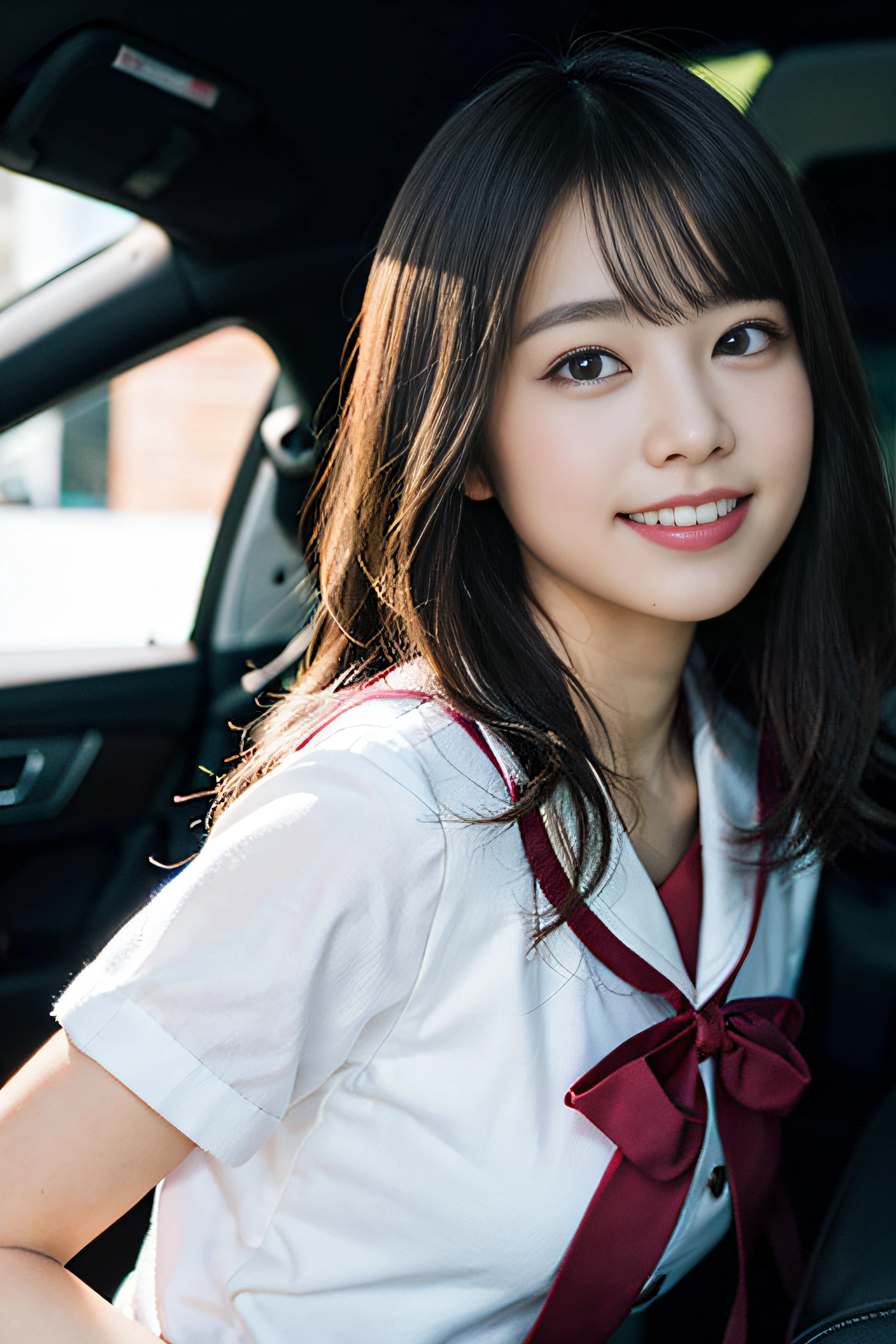 (8K、Raw photography、top-quality、​masterpiece:1.2)、(realisitic、Photorealsitic:1.37)、ultra-detailliert、超A high resolution、女の子1人、see the beholder、beautifull detailed face、A smile、Constriction、(Slim waist) :1.3)、Beautiful detailed skin、Skin Texture、Floating hair、Professional Lighting、Whole human body、Longhaire、a blond、japanese hight school uniform、a sailor suit、matriculation、、Bob Hair、E-cup、Happy smile、sixteen years old、Red ribbons、a baby face、Childish smile、Suppin、Moisturizing lips、Thin pink lips、minivan car back seat