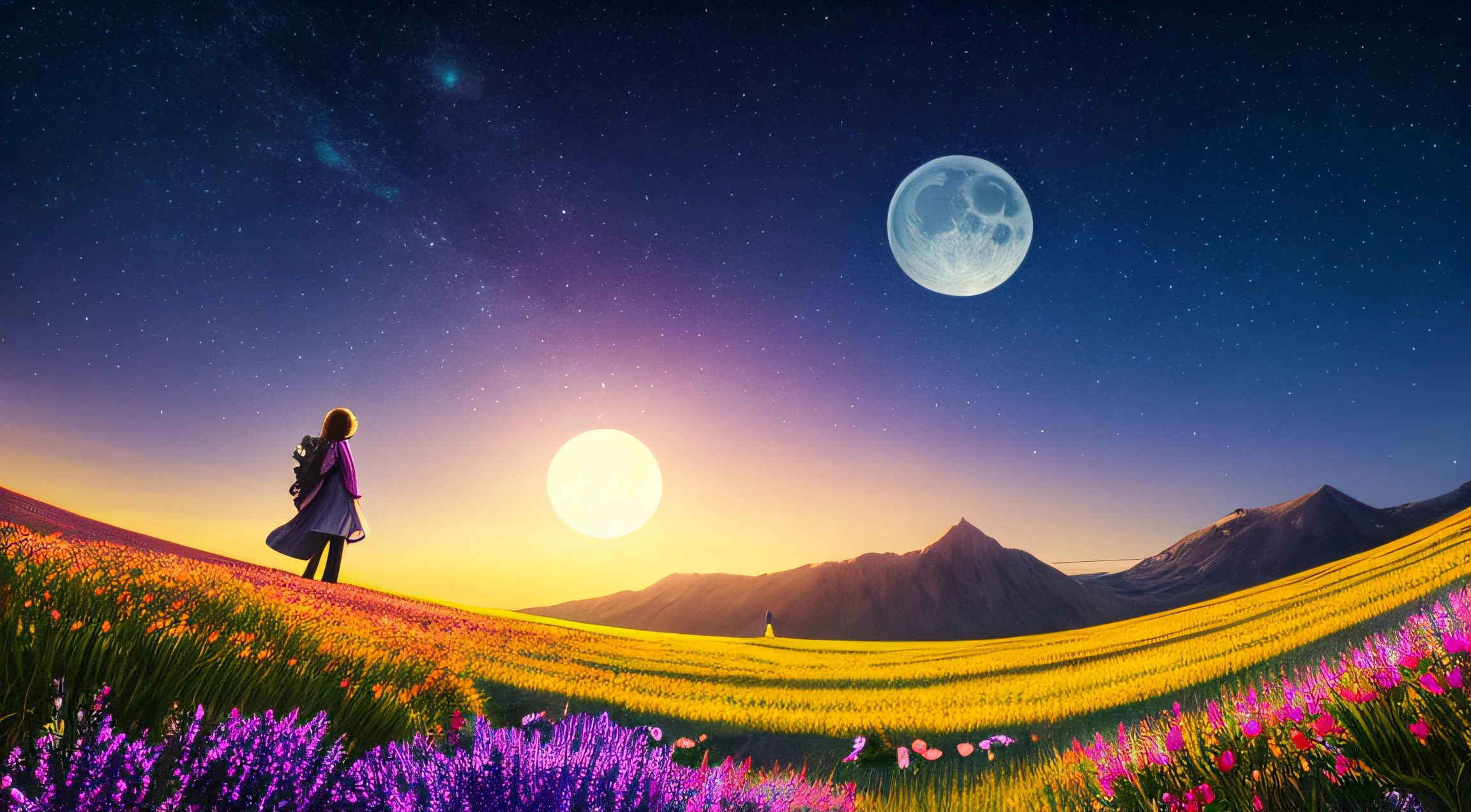 expansive landscape photograph , (a view from below that shows sky above and open field below), a girl standing on flower field looking up, (full moon:1.2), ( shooting stars:0.9), (nebula:1.3), distant mountain, tree BREAK production art, (warm light source:1.2), (Firefly:1.2), lamp, lot of purple and orange, intricate details, volumetric lighting, realism BREAK (masterpiece:1.2), (best quality), 4k, ultra-detailed, (dynamic composition:1.4), highly detailed, colorful details,( iridescent colors:1.2), (glowing lighting, atmospheric lighting), dreamy, magical, (solo:1.2)