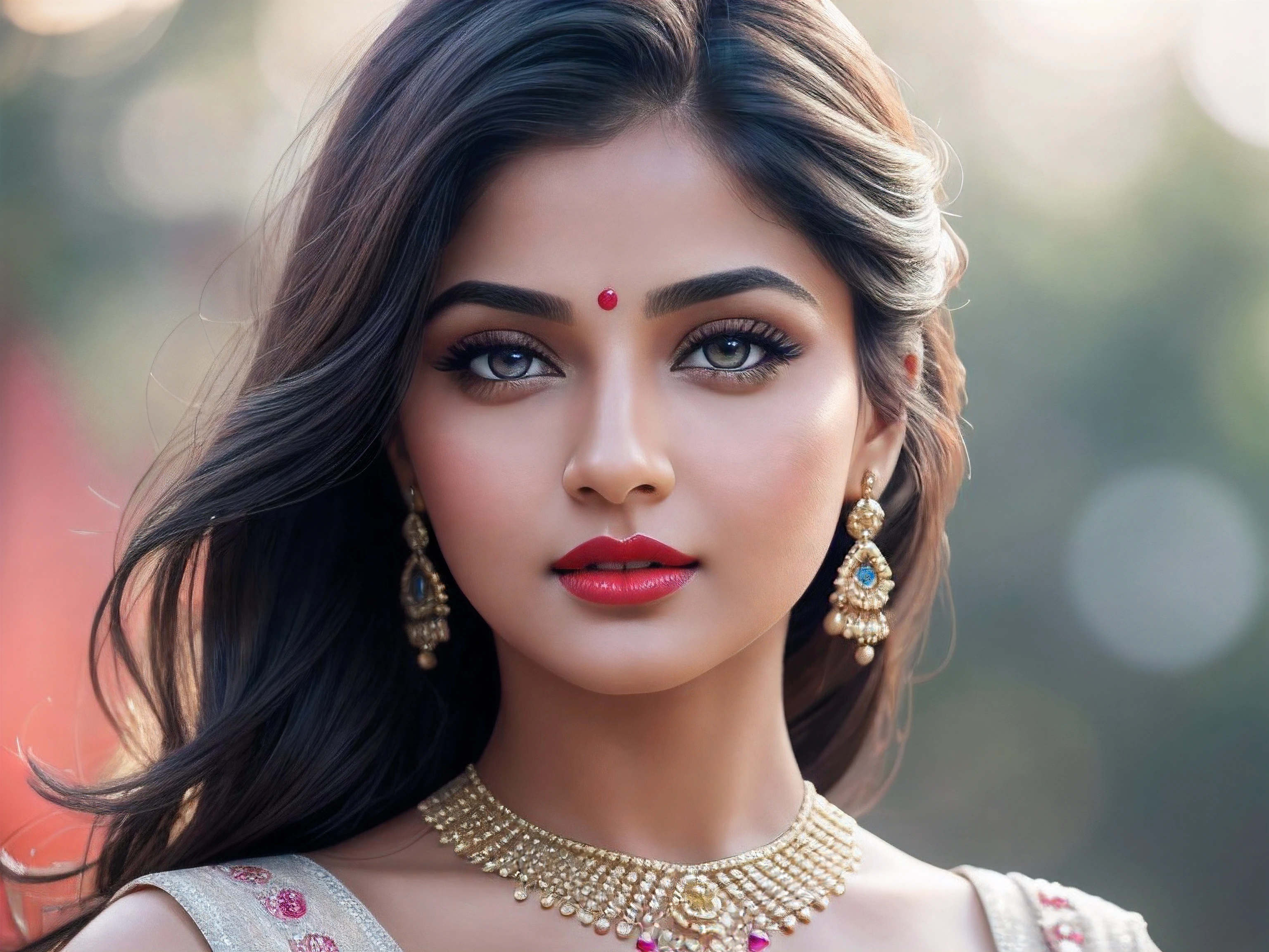 Beautiful alluring dress, night bokeh effect background, perfect pink eyes, fantastic face, Indian, beautiful look, ((red lips, bright eyes, curve heir 1.5)), ((beautiful details body)), A glorious gorgeous bollywood actress, glorious gorgeous face, pretty face, bright eyes, detailed dress, updo elegant hair, blurred gray tones background, ultra focus, face ilumined, face detailed, 8k resolution, painted, dry brush, brush strokes,
