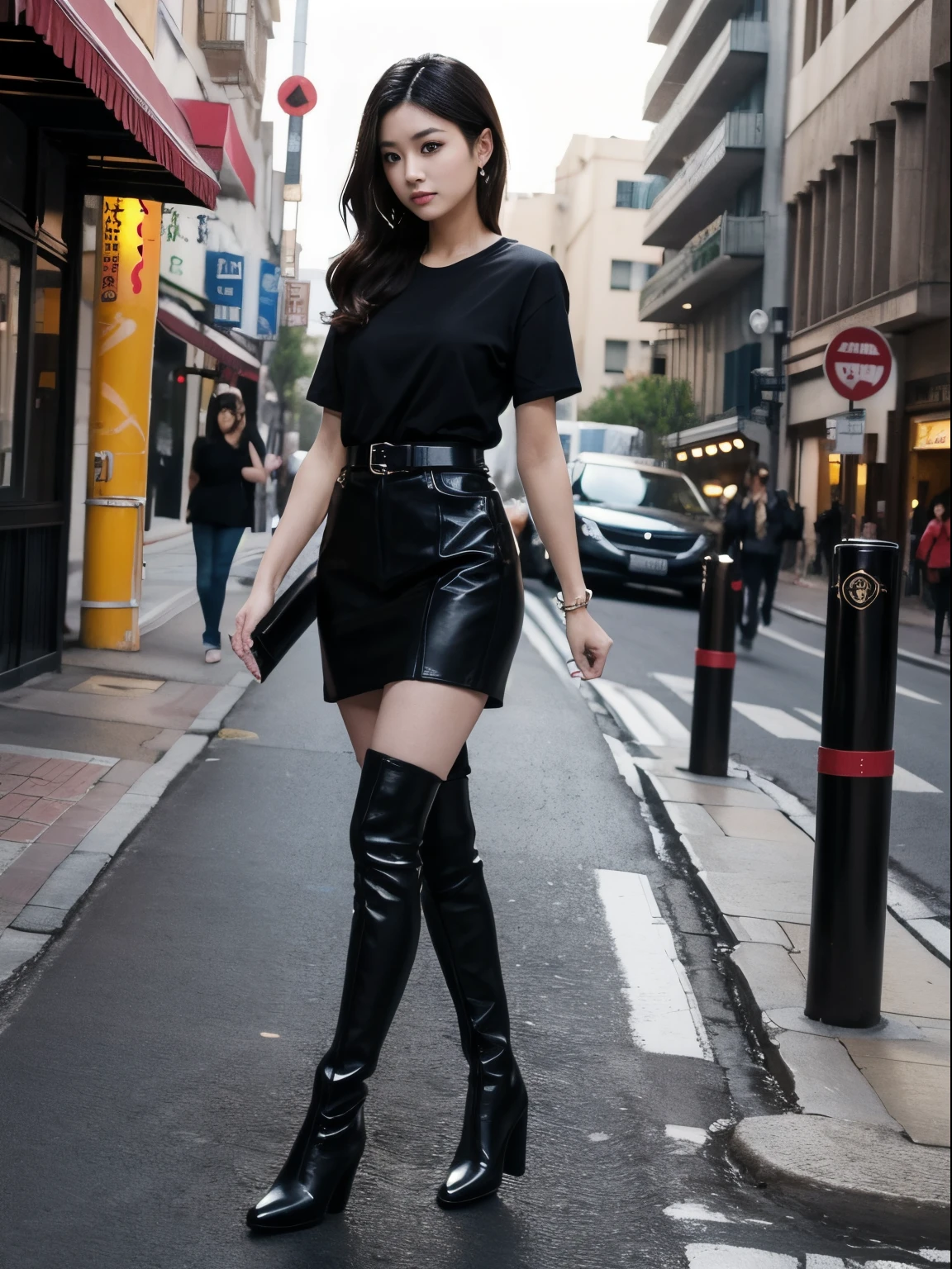 tmasterpiece，nood，8K分辨率，LV short sleeve，Valencia Gas Stockings，Long Black Tall Boots，the street，bustling