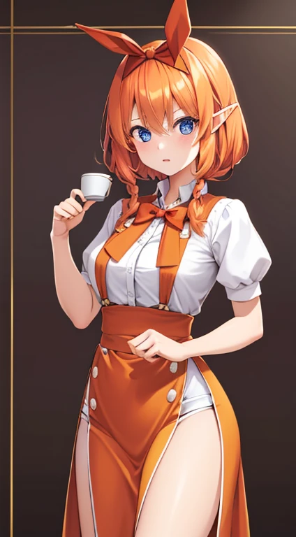 1girl em, sozinho, high Elf, orange hair, hairbow, (neck loop), (nu:1.3), (roupa camponesa), seios grandes, clivagem, coxas coxas coxas coxas coxas, cafe background, (Corar:1.3)