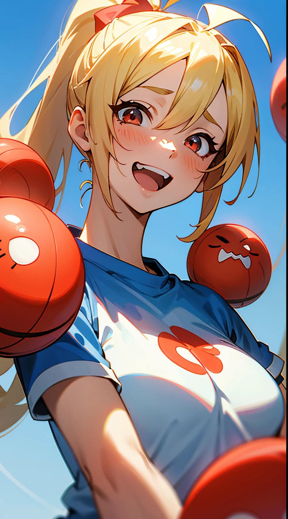 1 girl, Blonde ponytail、Ahoge、big round red eyes、small tits, Sky blue solid color background, Pure blue background, Dark blue background, warm tone, Warm light, Healing Line, (Best Quality, masutepiece, 8K), White T-shirt, Laugh, happily laughing, Upper body close-up, Anime style, Wallpaper, avatar, close up of head --v6
