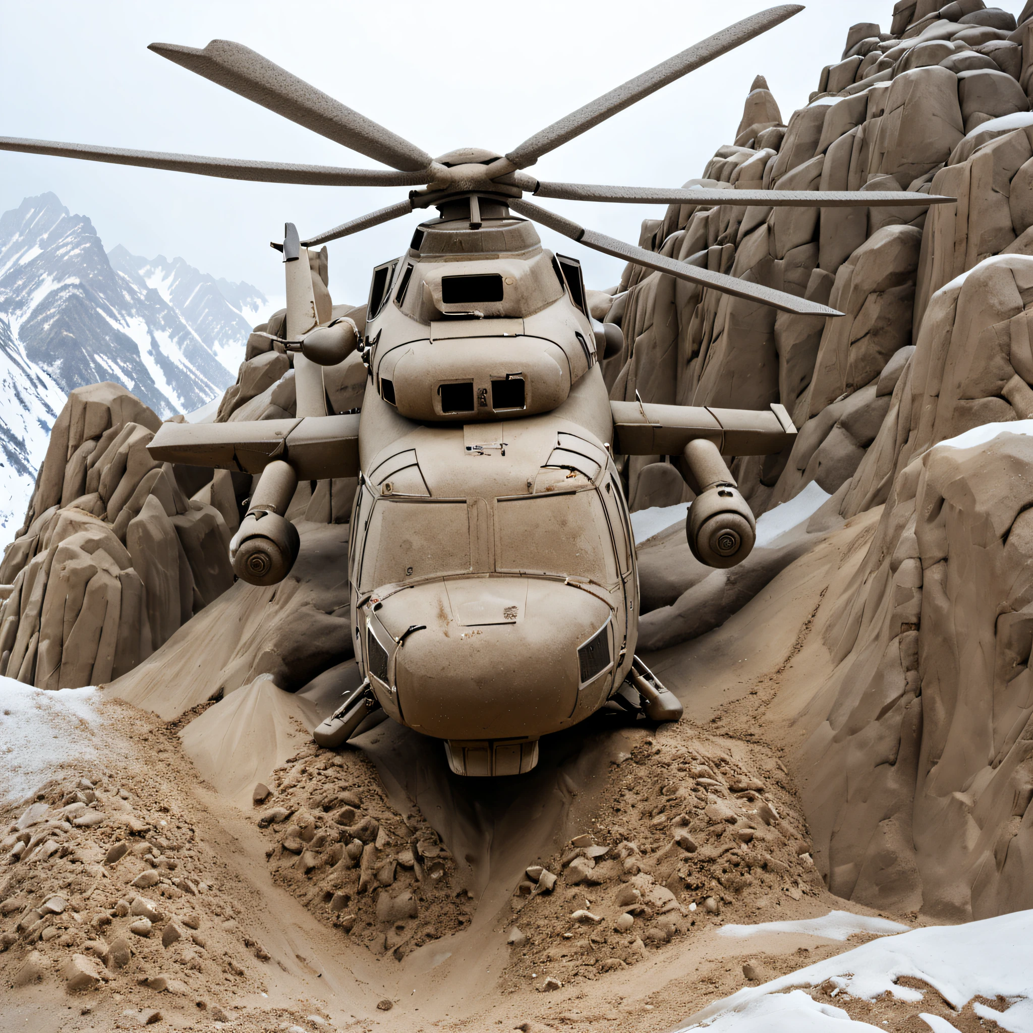 Sand sculpture style,  Helicopter performs daring mountain rescue, Rotor cleaning kicks up snow and rocks.