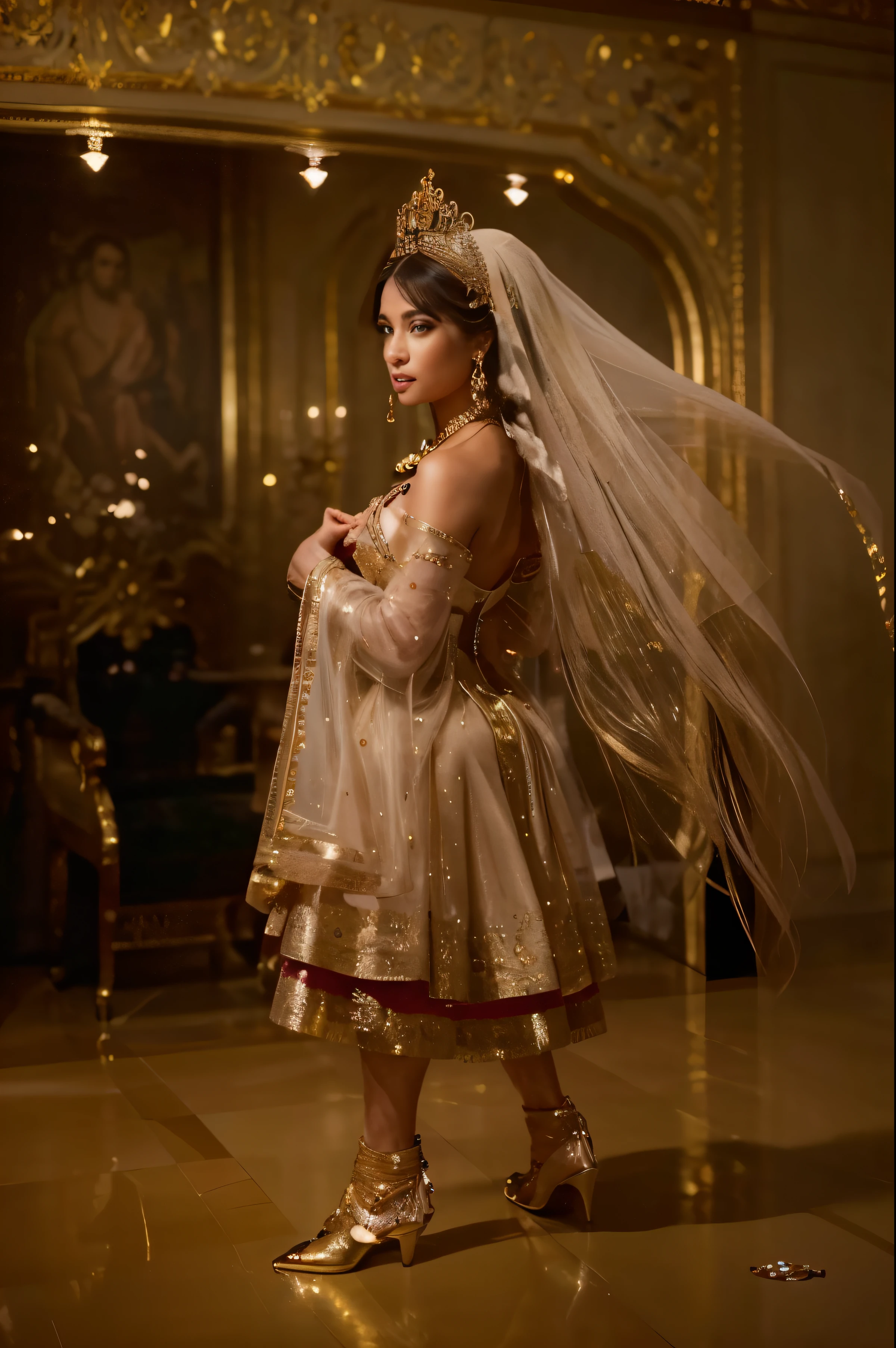 (Best quality, 8k, 32k, Masterpiece, UHD:1.2) "Create an opulent and lavish scene set in a place adorned with lavish gold and diamonds, exuding luxury and grandeur. The setting should feature intricate details of ornate decorations, glistening gems, and opulent furnishings. Employ dramatic cinematic lighting that accentuates the richness of the scene, casting deep shadows and highlighting the sparkling allure of gold and diamonds. Emphasize the grandiosity and splendor of the environment, ensuring a visually stunning composition that immerses the viewer in an atmosphere of extravagance and wealth."