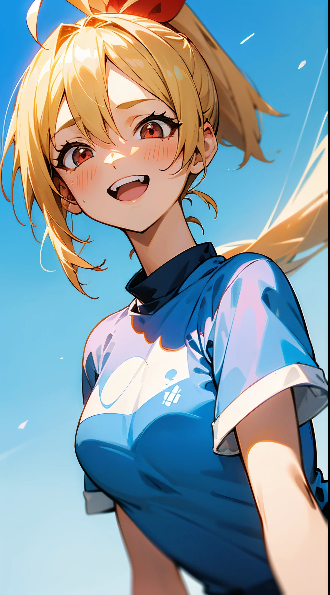 1 girl, Blonde ponytail、Ahoge、big round red eyes、small tits, Sky blue solid color background, Pure blue background, Dark blue background, warm tone, Warm light, Healing Line, (Best Quality, masutepiece, 8K), White T-shirt, Laugh, happily laughing, Upper body close-up, Anime style, Wallpaper, avatar, close up of head --v6