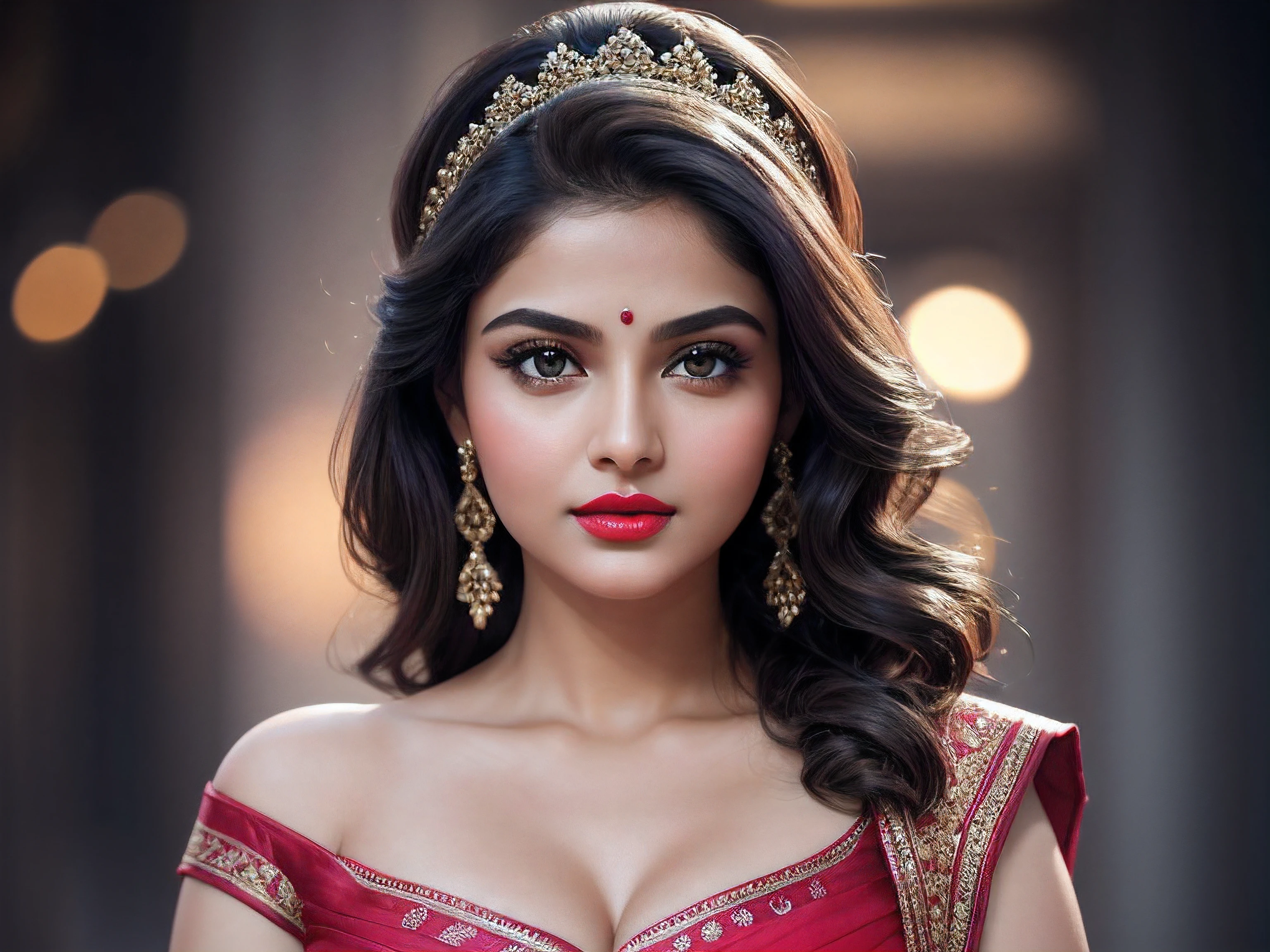 Night Bokeh, Alluring breast, Beautiful alluring dress, night bokeh effect background, perfect pink eyes, fantastic face, Indian, beautiful look, ((red lips, bright eyes, curve heir 1.5)), ((beautiful details body)), A glorious gorgeous bollywood actress, glorious gorgeous face, pretty face, bright eyes, detailed dress, updo elegant hair, blurred gray tones background, ultra focus, face ilumined, face detailed, 8k resolution, painted, dry brush, brush strokes,