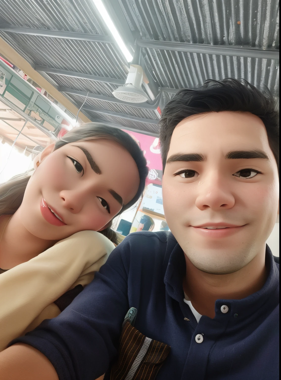 “(best quality,8k,highres:1.2),cute couple,posing in a restaurant,selfie photo,Khizler Salim,Ash Sop Hizl Salim,Asimov,Ayana Mickaelle and Iraclide,Glamour Shot,horndragon,romantic selfie,handsome face and beautiful face,tongue,outfit matching in black and white,matching smiles,warm evening lighting"