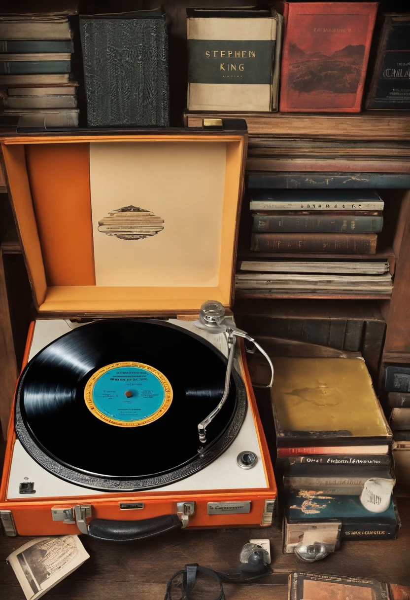 A vintage record player with a collection of eerie soundtracks and a stack of horror novels,original,Portrayed by Stephen King, the American author, himself
