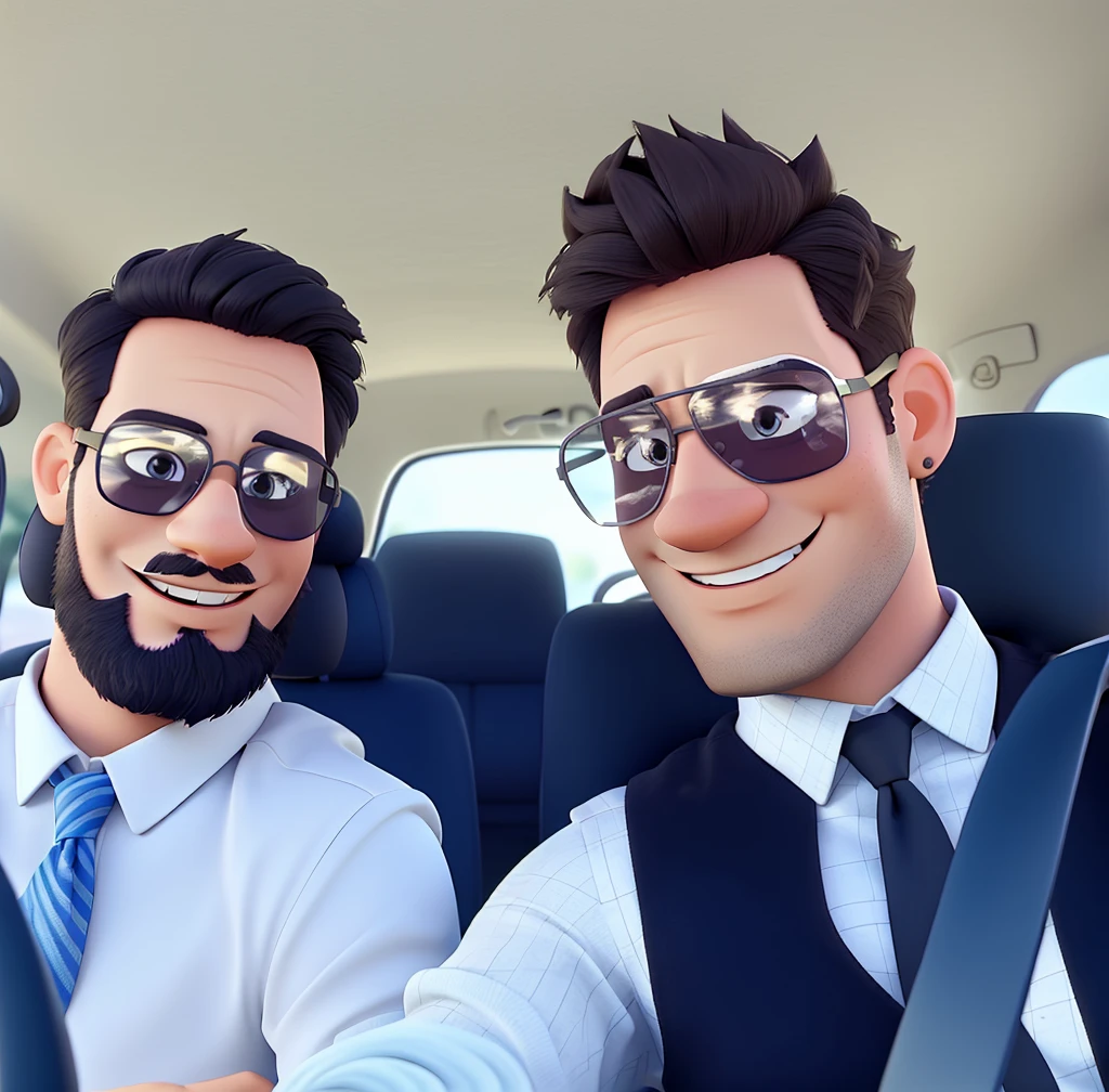 Two mens with sun glasses inside the car, Cartoon with Disney Pixar Style, Good quality, Better quality