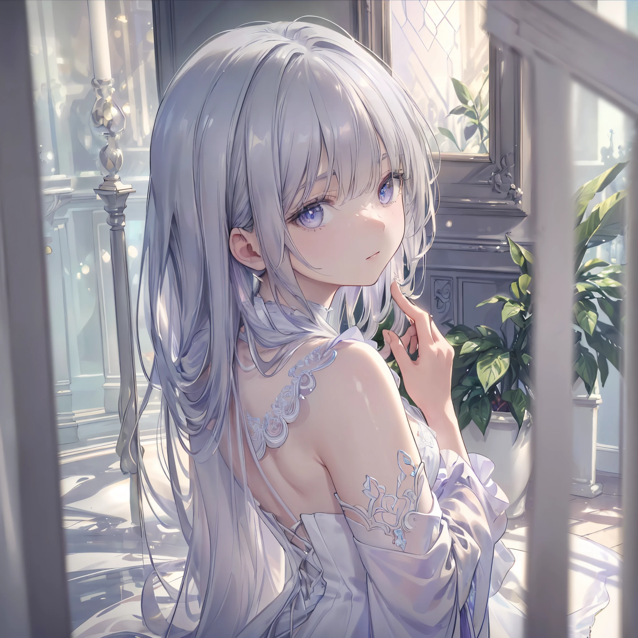 High definition RAW color art, Animation,sculptures, silver marble skin, (((Ultra detailed elegant))), Magical atmosphere, (Detailed skin, Texture (Intricately detailed, Fine detail, ultra-detailliert), depth of fields, Bokeh, silky touch, beautiful eyes,  glass world, Hyper Detail, Matte Drawing, Pastel purple, looking back