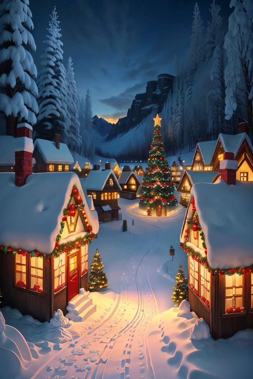 Snow village during winter. Christmas decorations