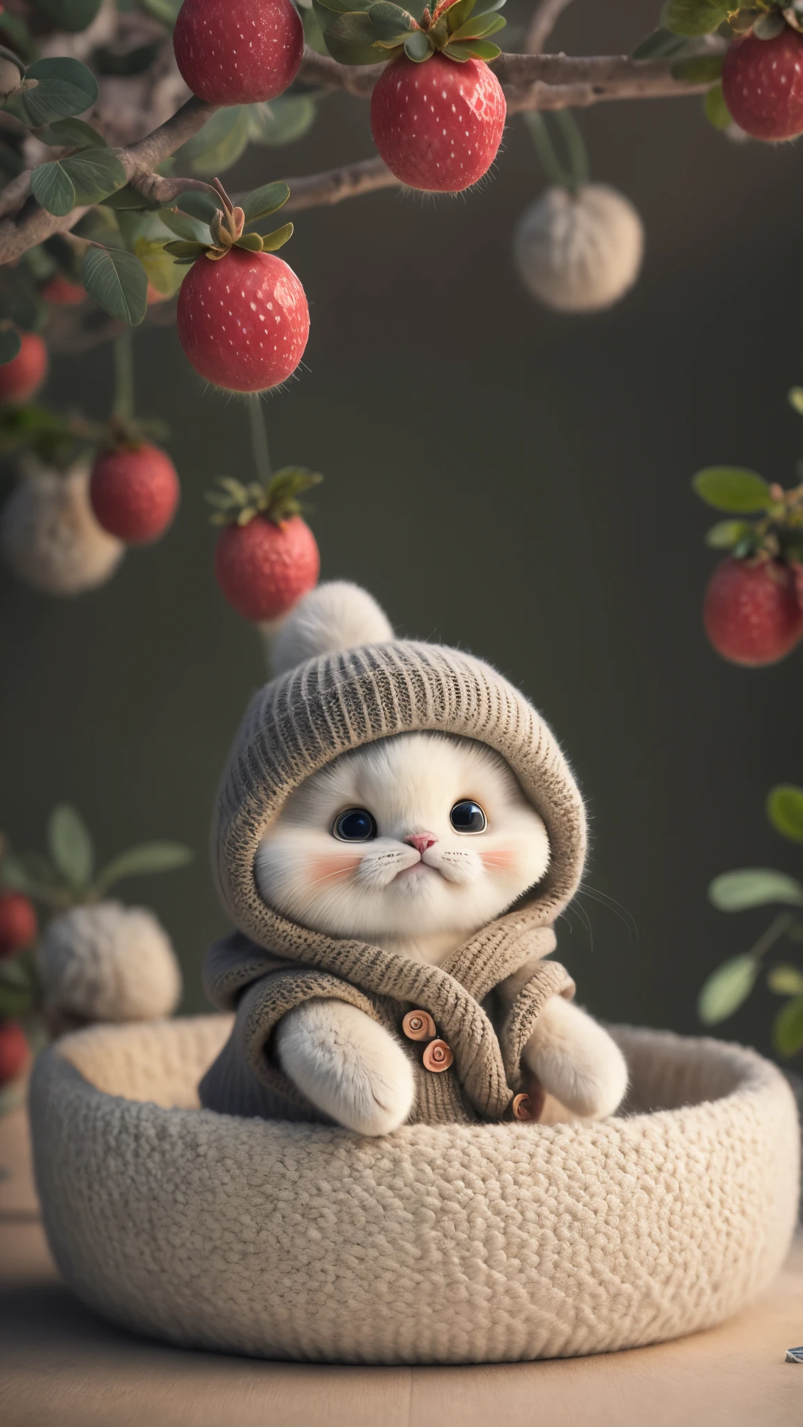 (tmasterpiece, Award-winning, Best quality at best, A high resolution) 3d illustrations, 1 cute fluffy cat, Wear a set of clothes, Lying on a bed of juicy ripe fruits, surrounded by a colorful fruit garden.
