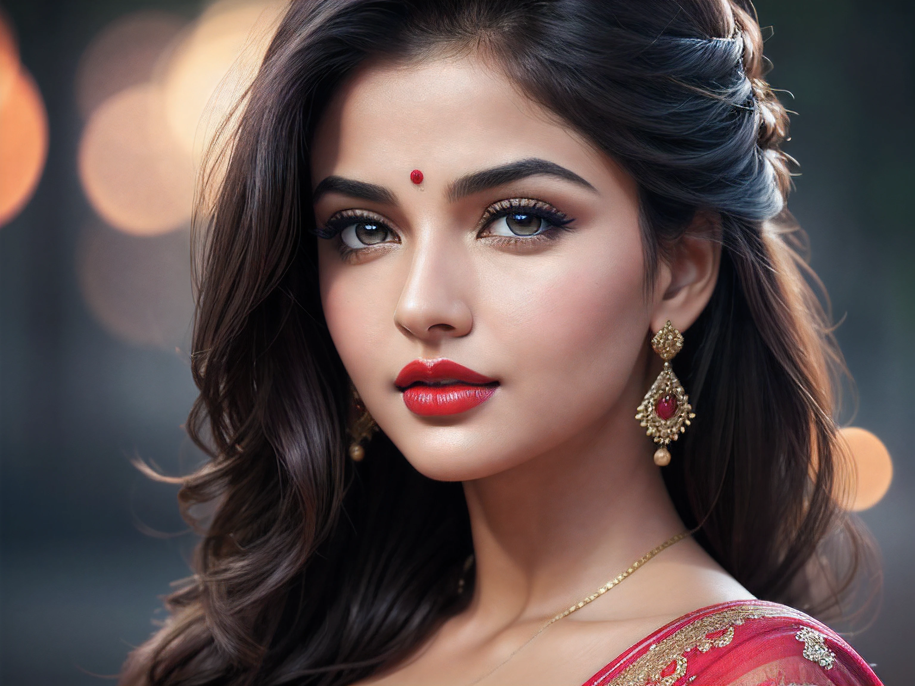 Night Bokeh, Alluring breast, Beautiful alluring dress, night bokeh effect background, perfect pink eyes, fantastic face, Indian, beautiful look, ((red lips, bright eyes, curve heir 1.5)), ((beautiful details body)), A glorious gorgeous bollywood actress, glorious gorgeous face, pretty face, bright eyes, detailed dress, updo elegant hair, blurred gray tones background, ultra focus, face ilumined, face detailed, 8k resolution, painted, dry brush, brush strokes,