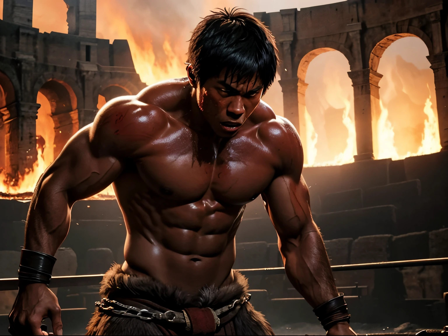 10 year old werewolf boy,Asian faces,red colored skin,The muscles are plump and shiny,Strong body,Scarred,Shirtless,The barefoot,At the Colosseum,Hands are chained,body burnt by fire,Fight with wild wolves