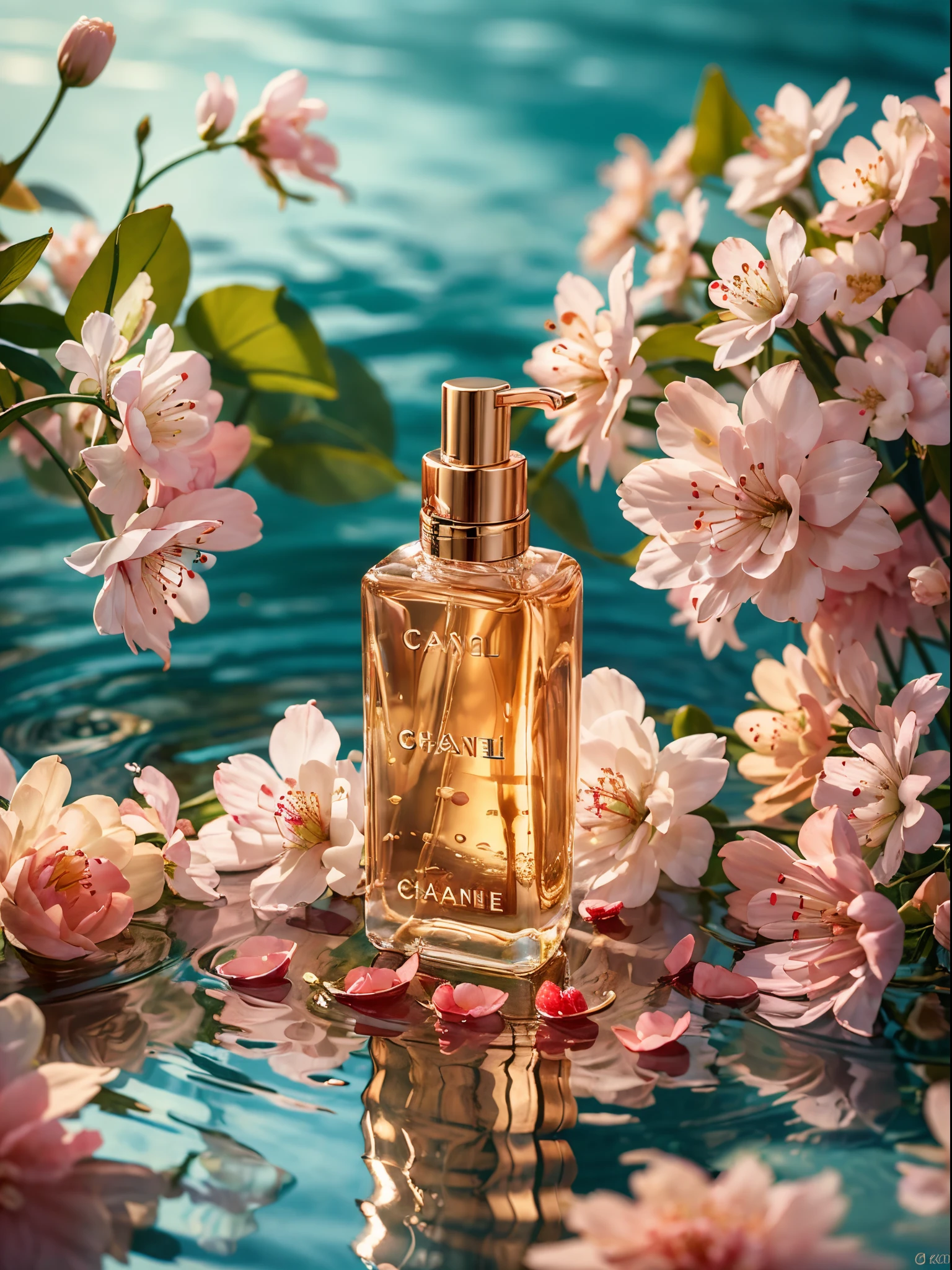 (super realistic scene), makeup bottle, cherry blossom background, water, sunlight, low perspective, blender, product rendering, HD 8K, ultra-detailed, luxury commercial photography, gucci and chanel cosmetic, ((no people, product only: 1.3))