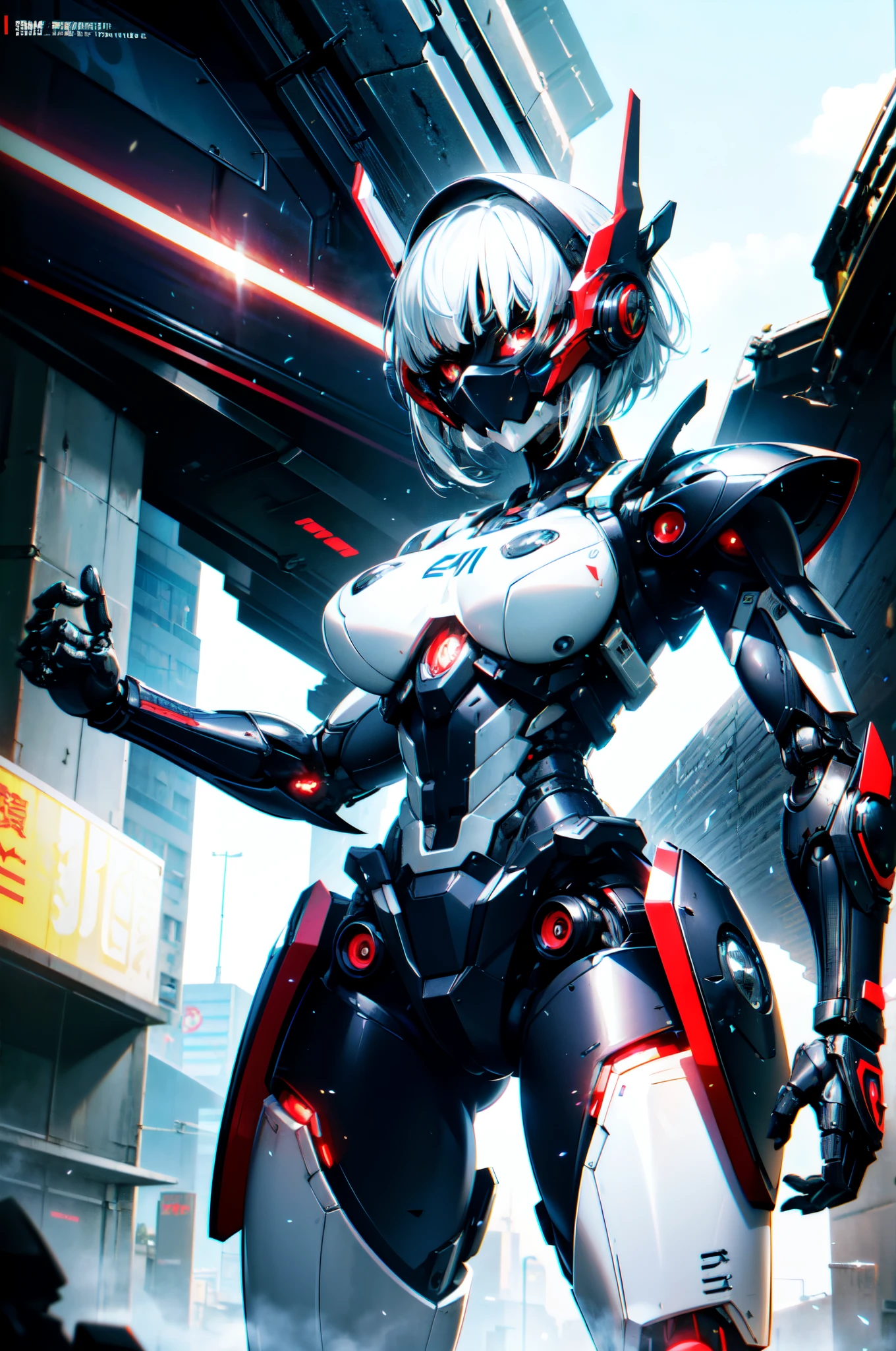 Extraordinary beautiful girl, fuselage, mechanical naked robot, mecha girl, White hair, Short hair details, (red eyes:1.3), Inorganic skin, science fantasy,intermittently, (Exoskeleton suit), (Perfect Finger, 4fingers and 1thumbs), (There are thick armors on the limbs:1.5), (Lop, navel, absolutely_good memory), intermittently, cowboys_shooting, Side focus, open stance, (Cybertech punk mask:1.2), There are huge thrusters on the waist, Side breasts, full bloom, ultra detailed concept art, The content is very detailed, hawken, sci-fi battlefield, tmasterpiece, Best quality, Capture super cute moments, depth of fields, ultra - detailed, 超高分辨率, c4d, octadale, 3D modeling, 8K, 16k,