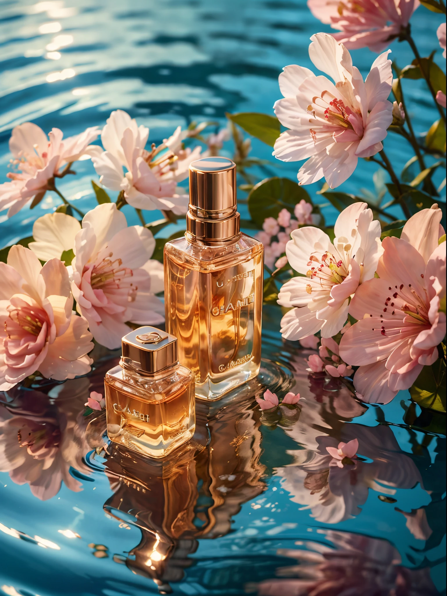 (super realistic scene), makeup bottle, cherry blossom background, water, sunlight, ((taken low perspective angle)), product rendering, HD 8K, ultra-detailed, luxury commercial photography, gucci and chanel cosmetic, ((no people, product only: 1.3))