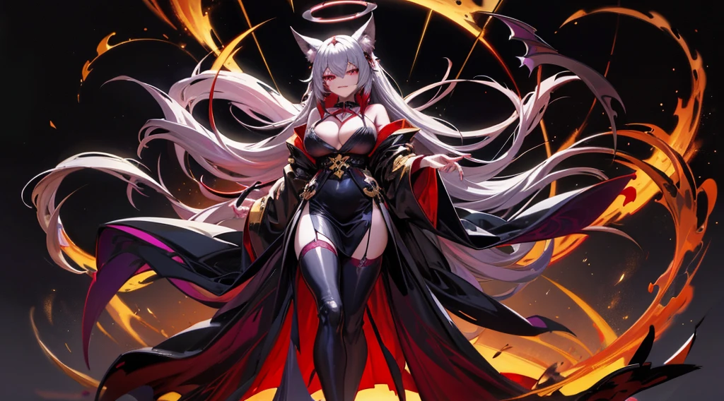 masterpiece, witch, wristband accessories, black long hair, elegant, huge boobs, big hips, long red kimono, big neckline, fox ears, evil smile, demond girl, black manicure with gold, pony tail, long stockings, torn stockings, full body, purple and gold eyes, silver accesories, toe rings, night background, gold heels, red nails, red collar, demonic halo
