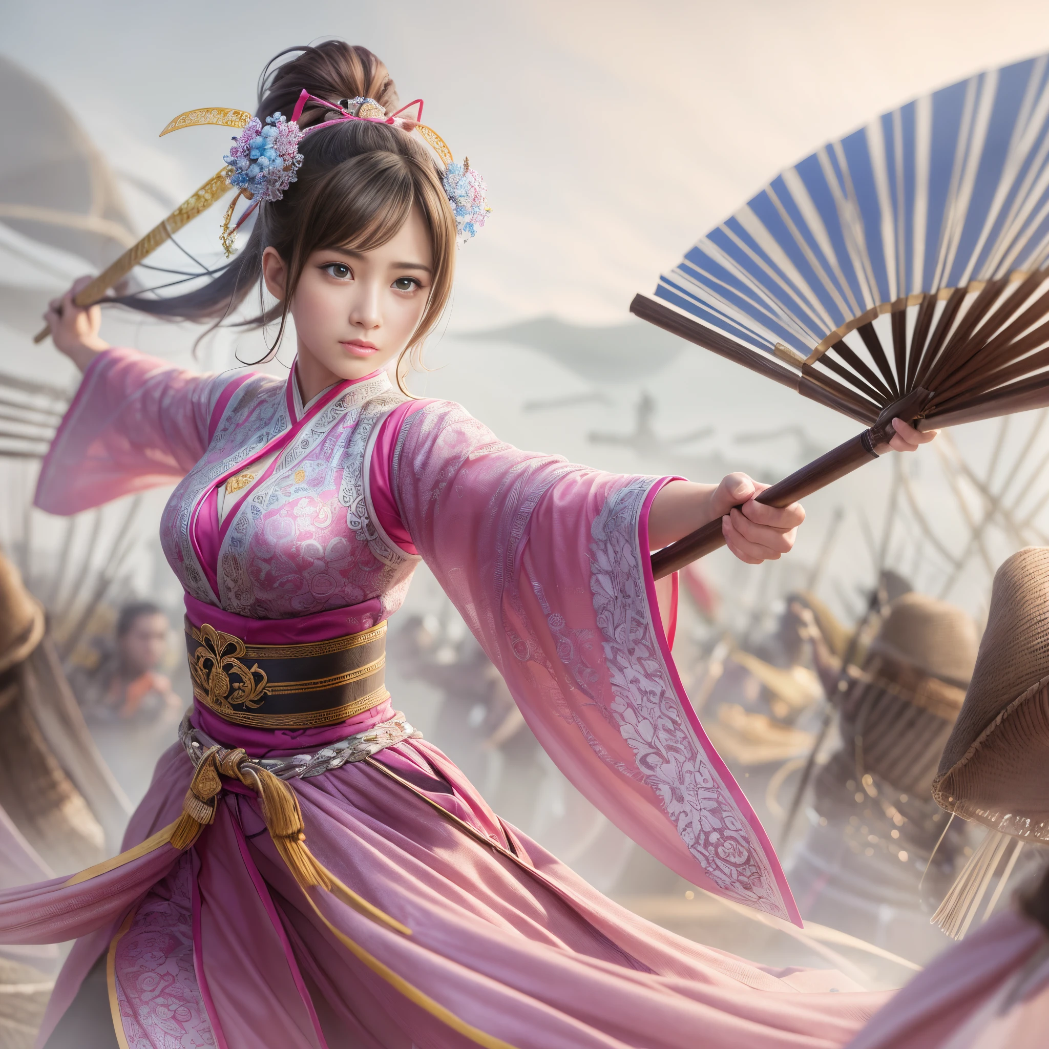 (Raw photo:1.2), (Photorealistic), Beautiful detailed girl, Very detailed eyes and face, Beautiful detailed eyes, Huge file size, High resolution, Very detailed, Best Quality, [masutepiece:1.6], Illustration, Very detailed, Fine detail, Best Quality, 8K Wallpaper, Movie Lighting, princess from the Chinese Romance of the Three Kingdoms game, Fight on the battlefield, qipao dress, Fight with a large fan as a weapon,, serious facial expression, hightquality, intense combat,female game character , gorgeous princess, Innocent face
