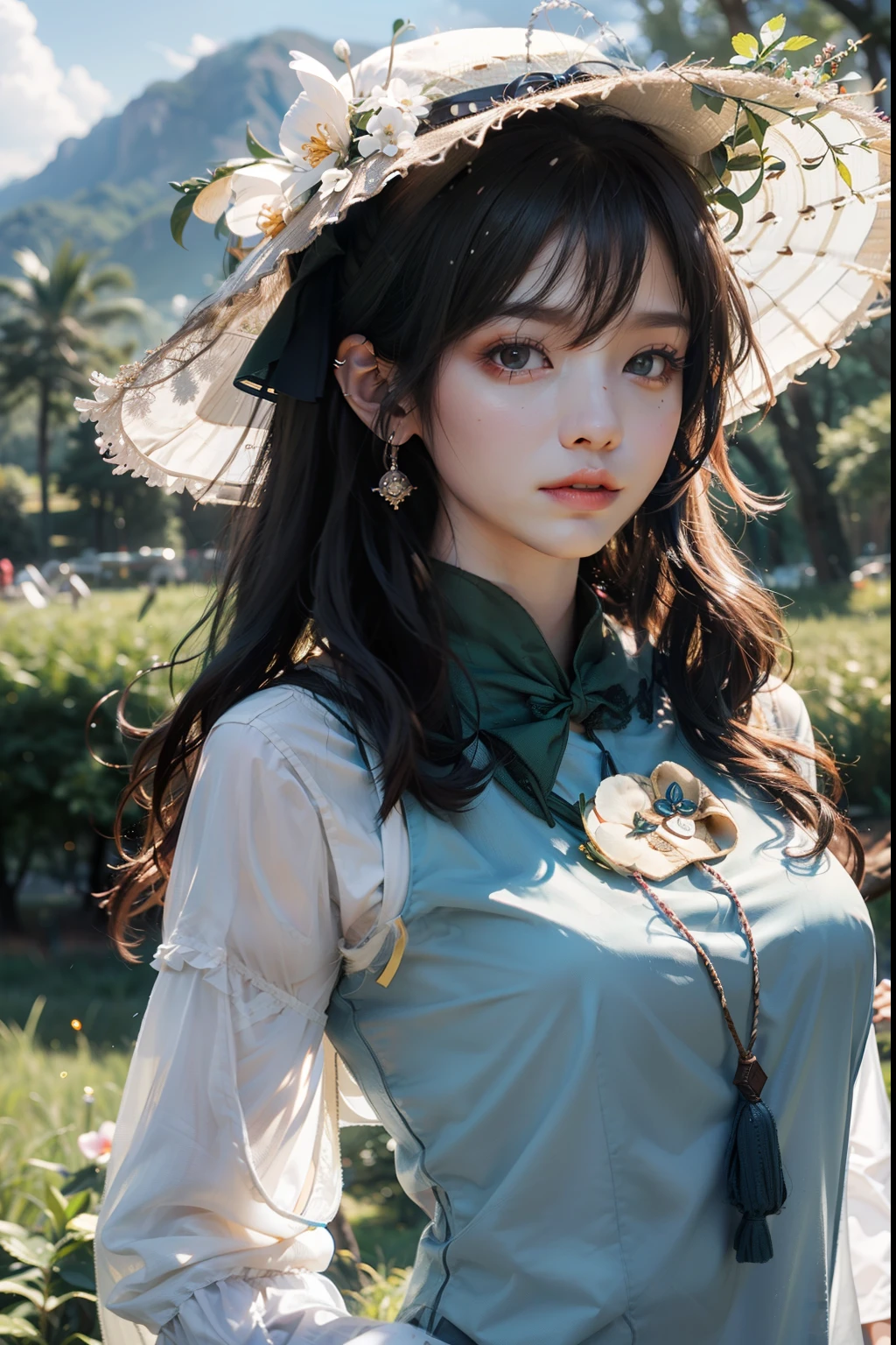 one woman,french braid、Green clothes to wear,Surrounded by lilies of a whimsical sight、Random Posing、Swarm of swirling clouds,dignified expression,set in the light,fantastic background,blurred background,lots of details,vector,4K,wide image,Complete Scene.highest quality、Highest image quality、ultra high resolution、master piece、