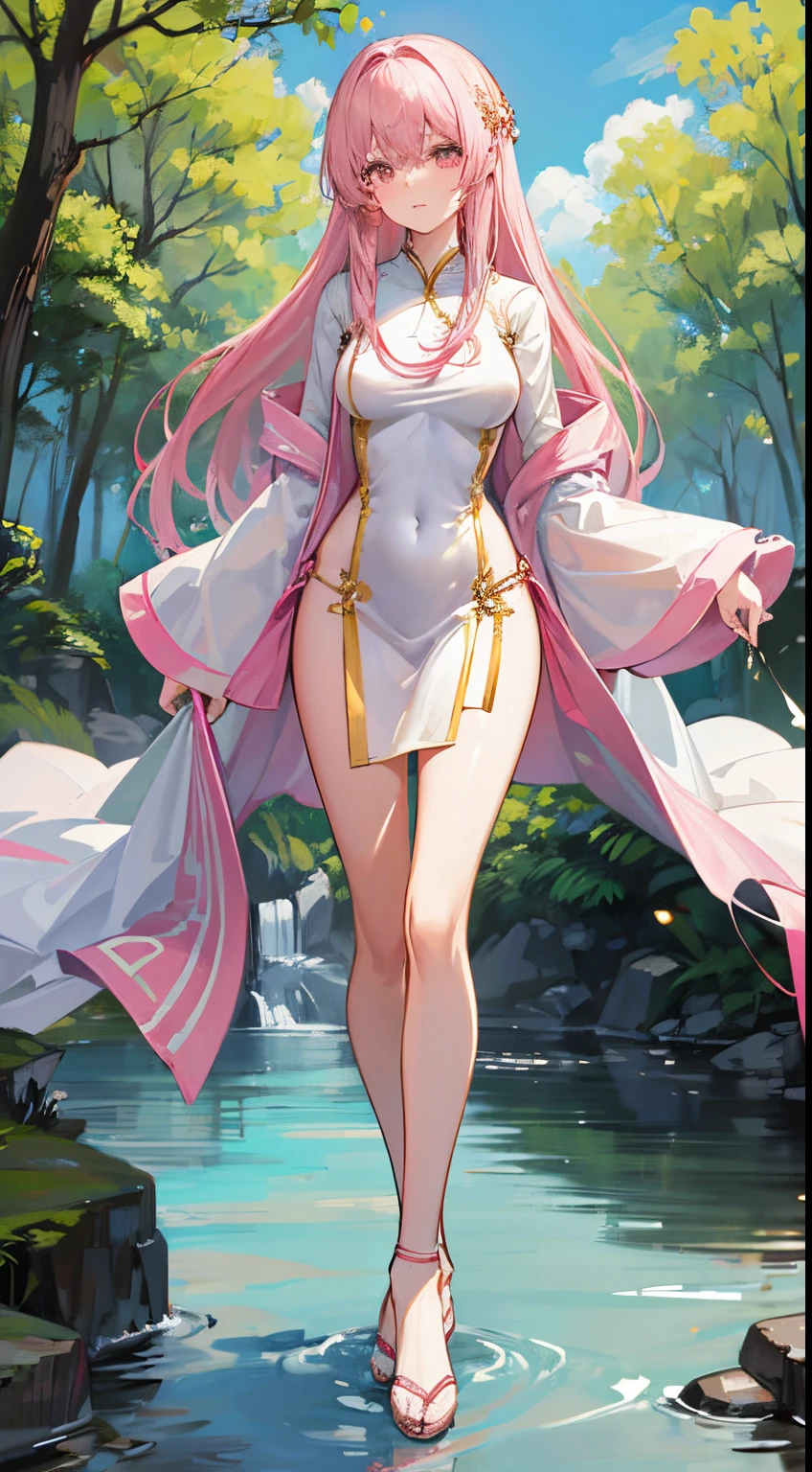 Shy pretty girl standing by stream in woods,Wearing a pink antique bellyband and shawl,robe,sexy for, Cute and well-behaved,elongated, Slender white legs,The body proportions are perfect, long slim figure, fully body photo,Pink see-through ethnic fashion ancient style bellyband outer shirt suit uniform Hanfu,The breasts are slightly bigger
