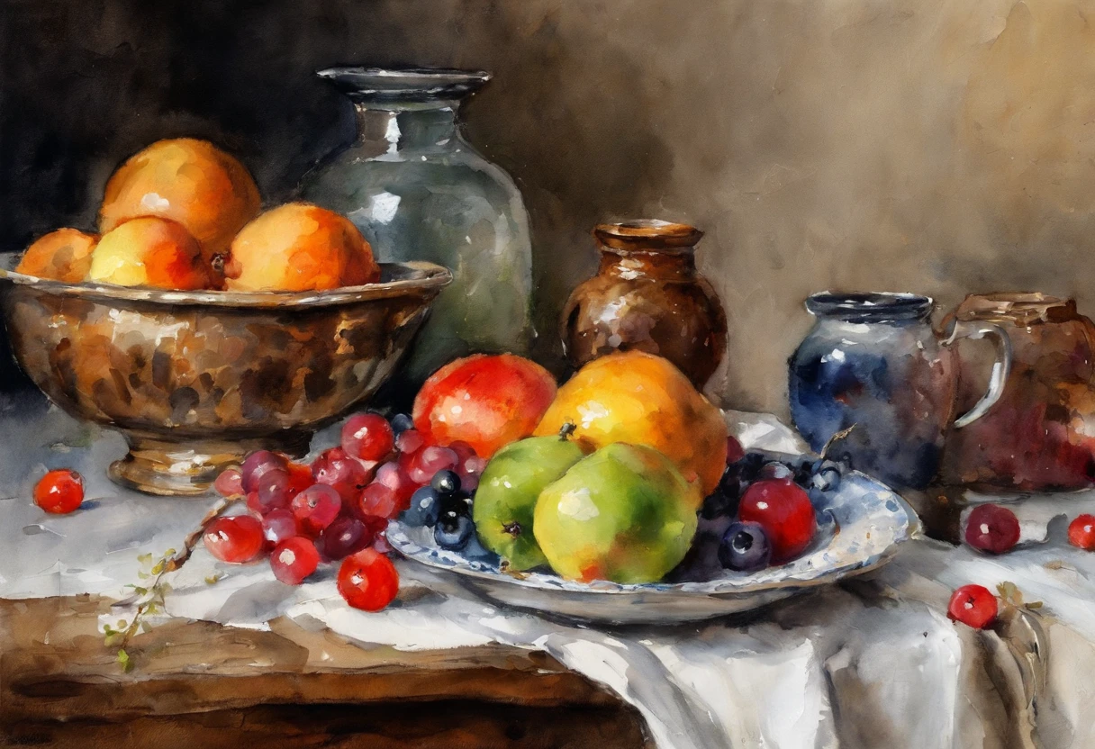 Illustration art by Nicolai Ivanovich Fechin, Still life, fruit and jars, olEuropean plate 'candle,ane rendering, 8k, UHD, O estilo de Losh,