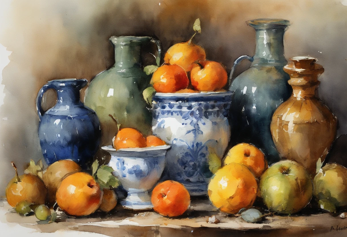 Illustration art by Nicolai Ivanovich Fechin, Still life, fruit and jars, olEuropean plate 'candle,ane rendering, 8k, UHD, O estilo de Losh,