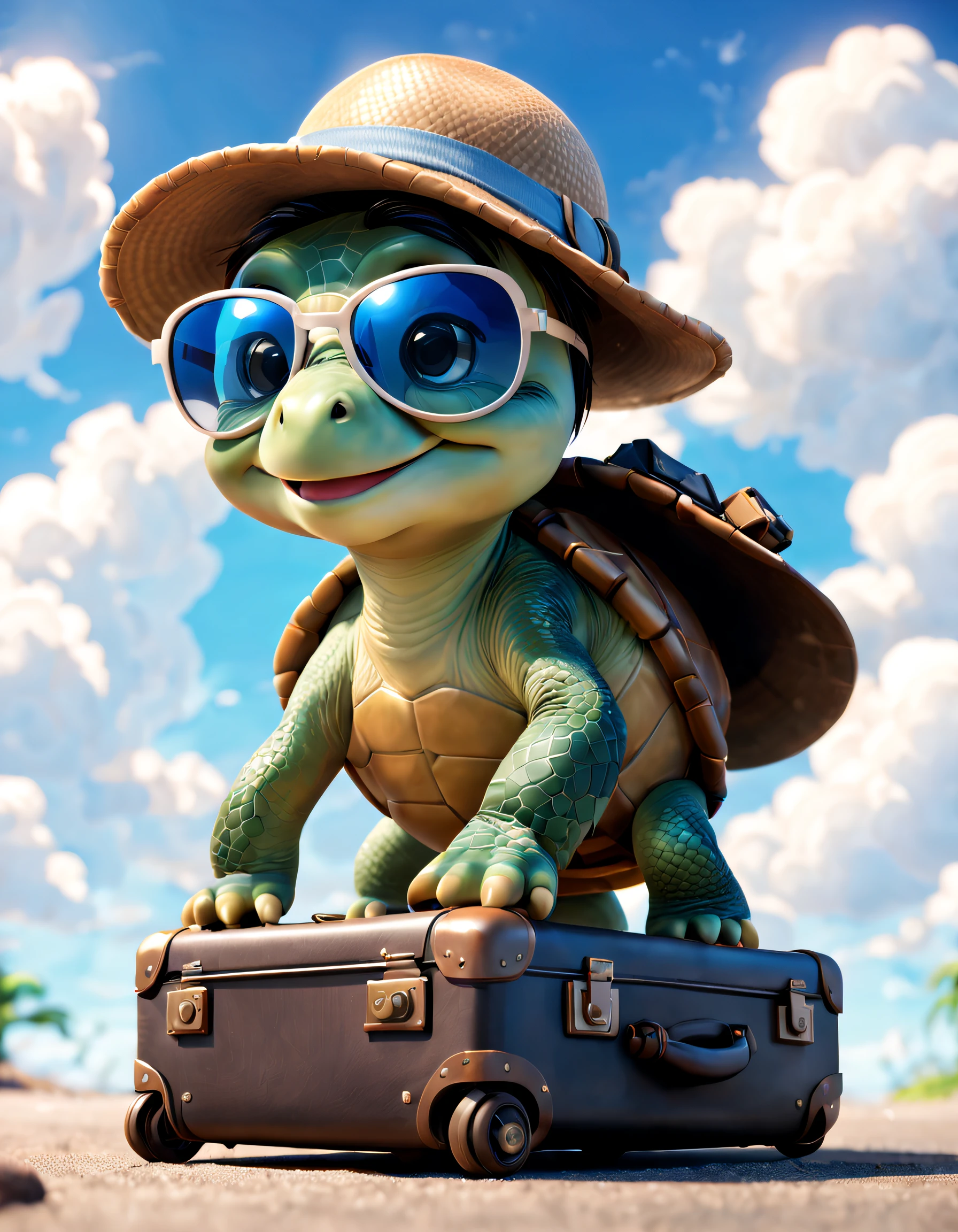 pixar-style, A cute little turtle, Wearing hat and sunglasses，Carrying the suitcase home, with blue sky and white clouds, big bright eyes, adorable smile,octaneratingrendering, Unreal Engine5, style of artstation, 8K, Detailed pubic hair, highy detailed