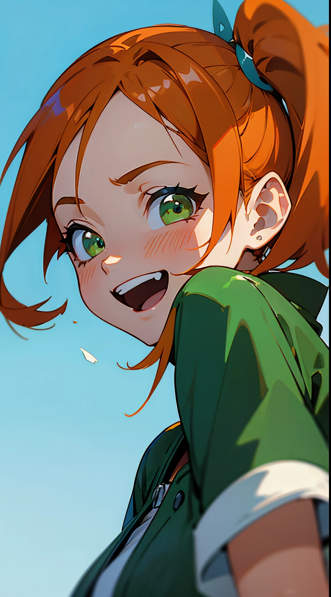 1 girl,  Orange hair、large round green eyes、Side Ponytail、small tits, Green Leather Jacket、Sky blue solid color background, Pure blue background, Dark blue background, warm tone, Warm light, Healing Line, (Best Quality, masutepiece, 8K), White T-shirt, Laugh, happily laughing, Upper body close-up, Anime style, Wallpaper, avatar, close up of head --v6