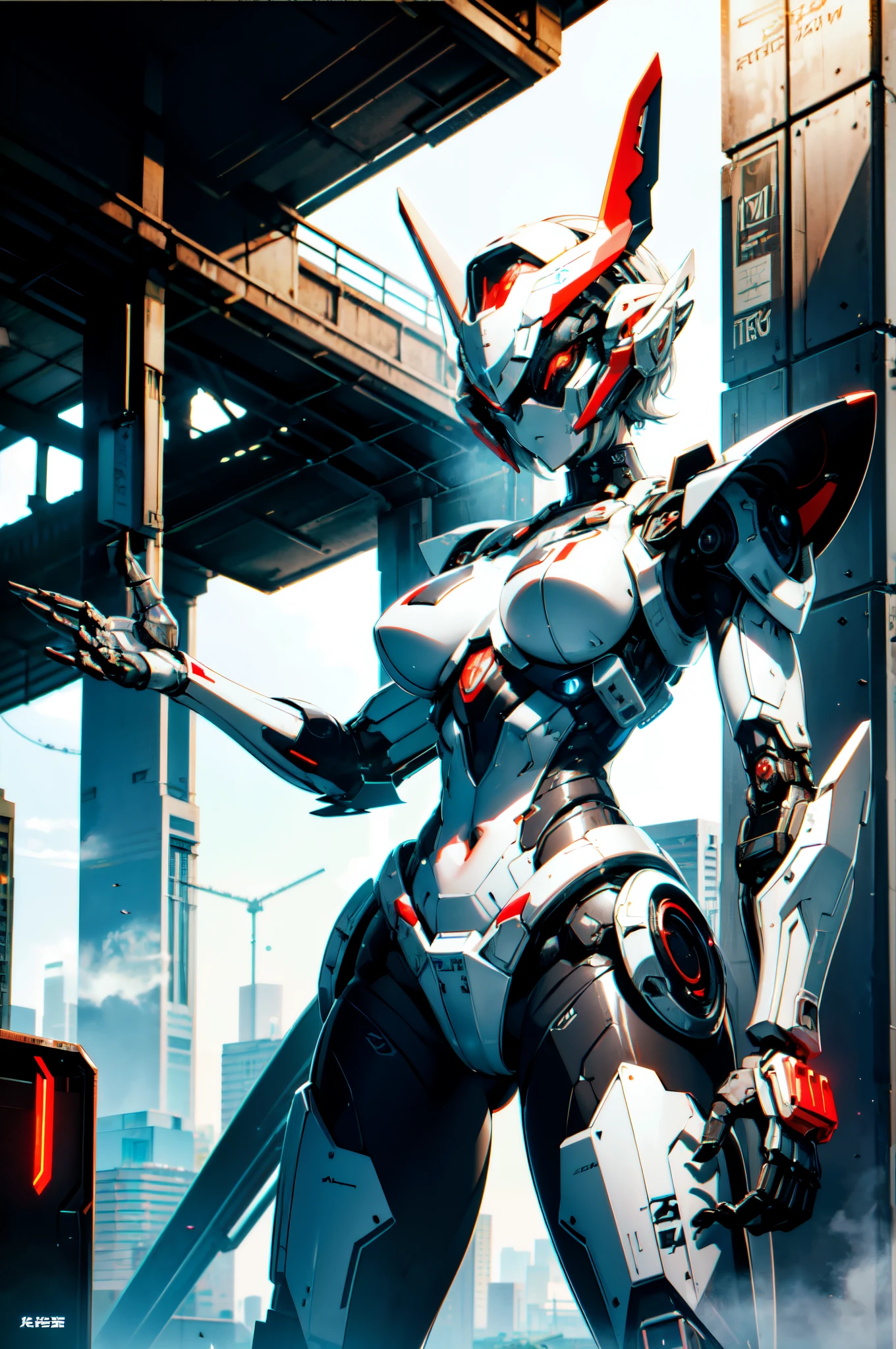 Extraordinary beautiful girl, fuselage, mechanical naked robot, mecha girl, White hair, Short hair details, (red eyes:1.3), Inorganic skin, science fantasy,intermittently, (Exoskeleton suit), (Perfect Finger, 4fingers and 1thumbs), (There are thick armors on the limbs:1.5), (Lop, navel, absolutely_good memory), intermittently, cowboys_shooting, Side focus, open stance, (Cybertech punk mask:1.2), There are huge thrusters on the waist, Side breasts, full bloom, ultra detailed concept art, The content is very detailed, hawken, sci-fi battlefield, tmasterpiece, Best quality at best, Capture super cute moments, depth of fields, ultra - detailed, 超高分辨率, c4d, octadale, 3D modeling, 8K, 16k,